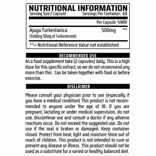 Nährwertinformationen. Pro Kapsel: 500mg Ajuga Turkestanica. Empfohlene Anwendung: 2 Kapseln täglich. Enthält Warnhinweise.
