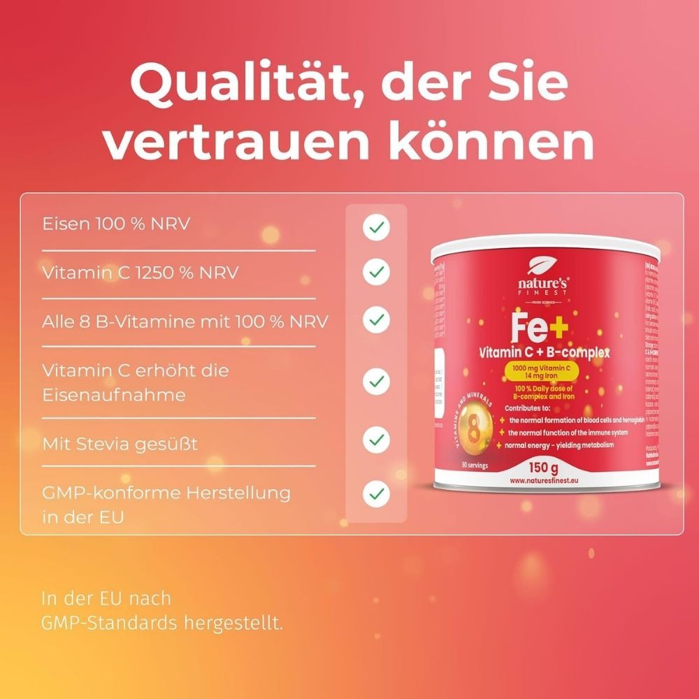 Nature's Finest Dose: Eisen 100% NRV, Vitamin C 1250% NRV, alle 8 B-Vitamine. Mit Stevia gesüßt.