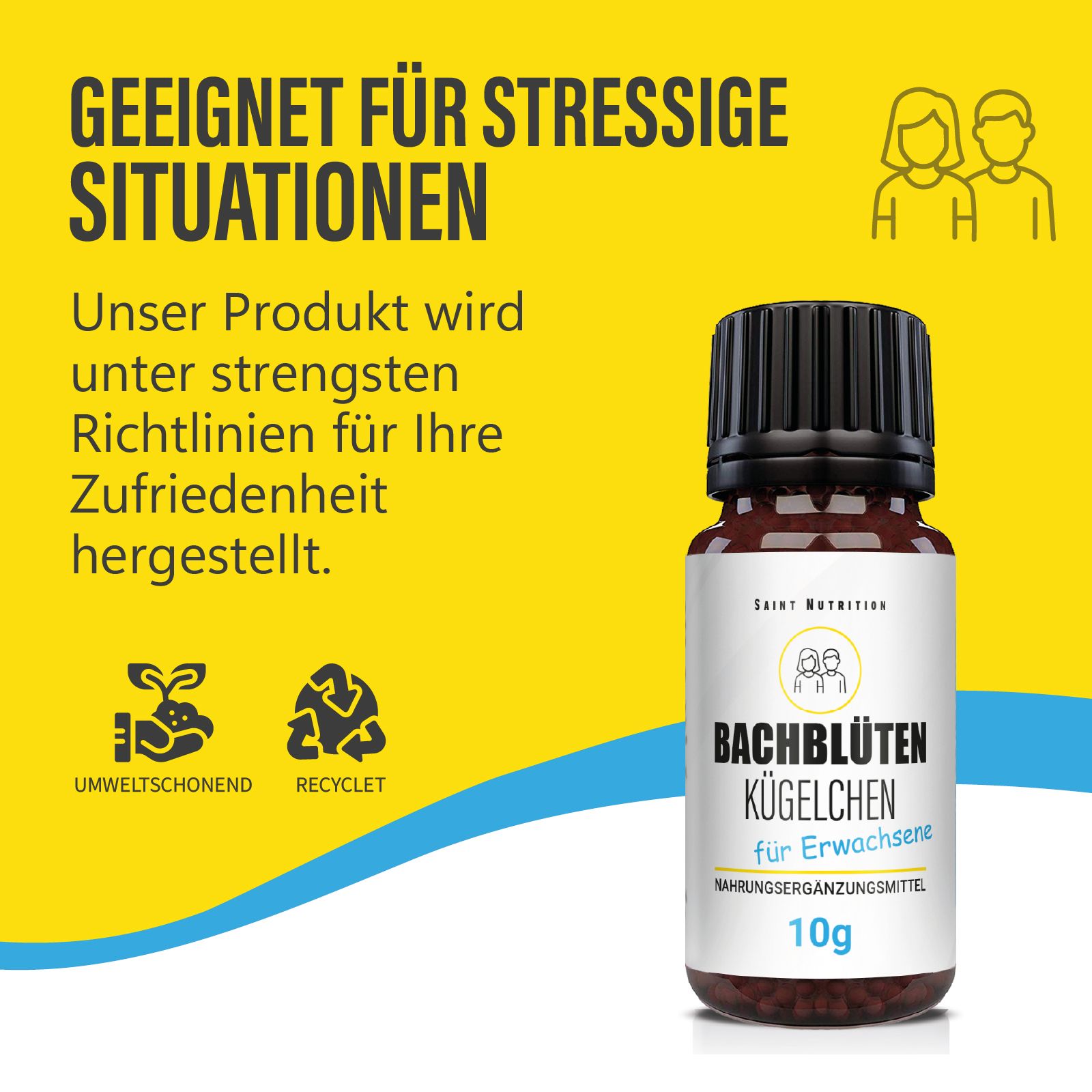 Gelber Hintergrund mit Text und einer braunen Flasche mit schwarzem Deckel. Etikett: Bachblüten Kügelchen für Erwachsene, 10g. Marke: Saint Nutrition.