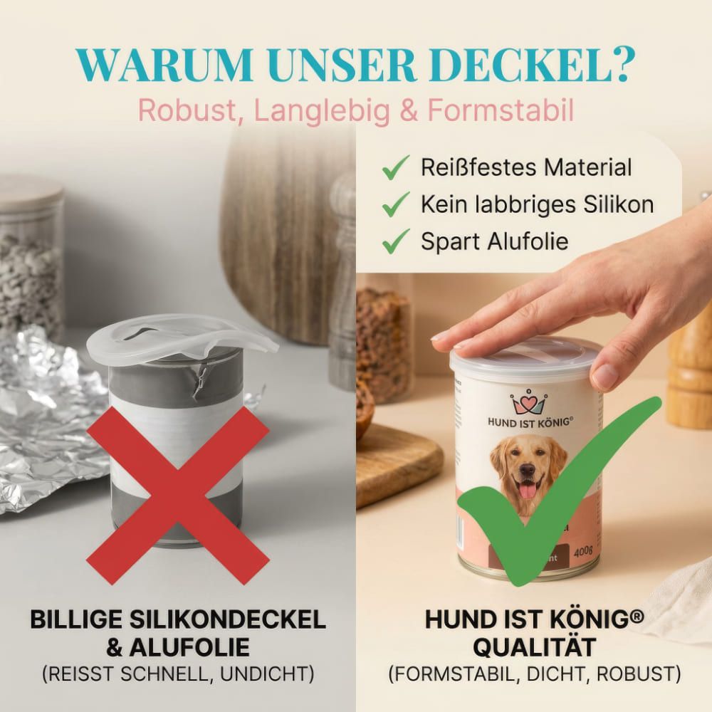 Vergleich von Deckeln. Links ein Silikondeckel, rechts ein Deckel von HUND IST KÖNIG. Auf dem rechten Deckel steht "HUND IST KÖNIG® Qualität".