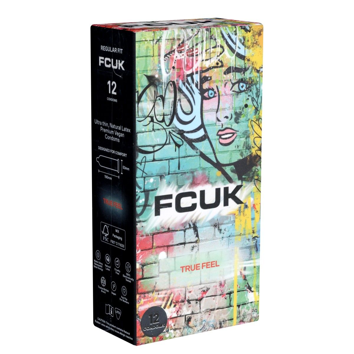 Verpackung mit Kondomen. Marke FCUK, 12 Stück. Graffiti-Design mit Frauengesicht und Schriftzug.