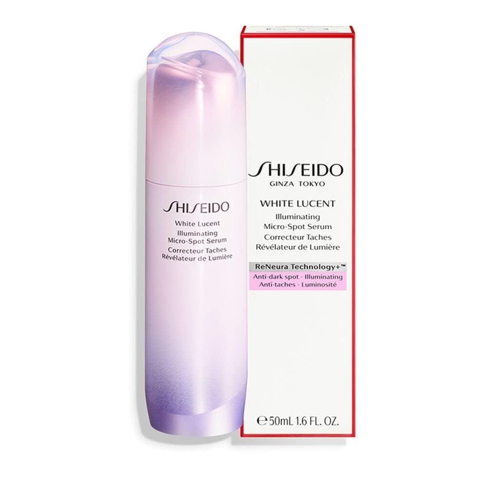 Shiseido White Lucent Serum. Flakon und Verpackung. Weiß-rosa Farbverlauf. Text: White Lucent, Illuminating Micro-Spot Serum, Anti-Flecken.