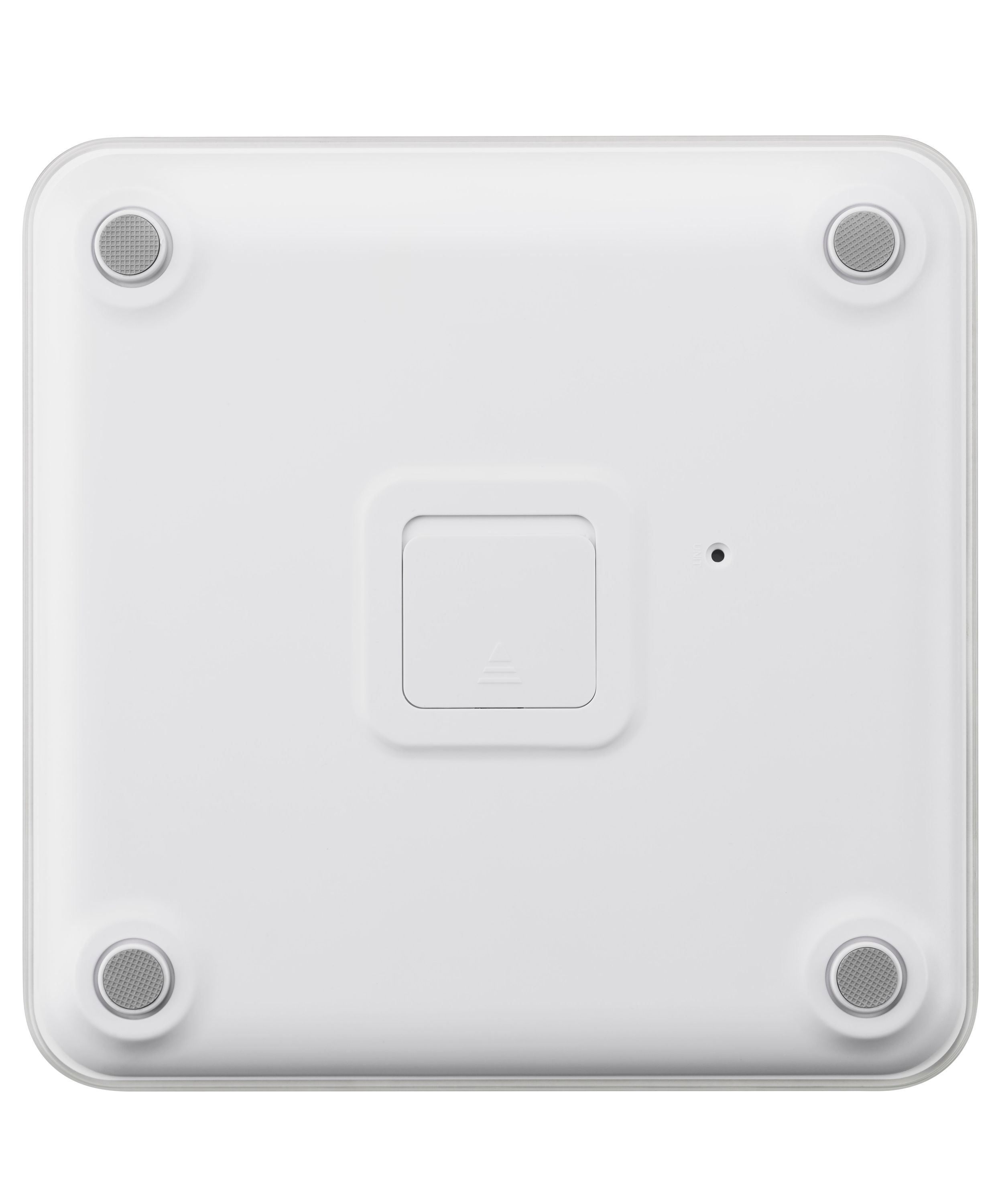 Körperanalysewaage, weiß, Seitenansicht. Schlankes Design. Marke: medisana.