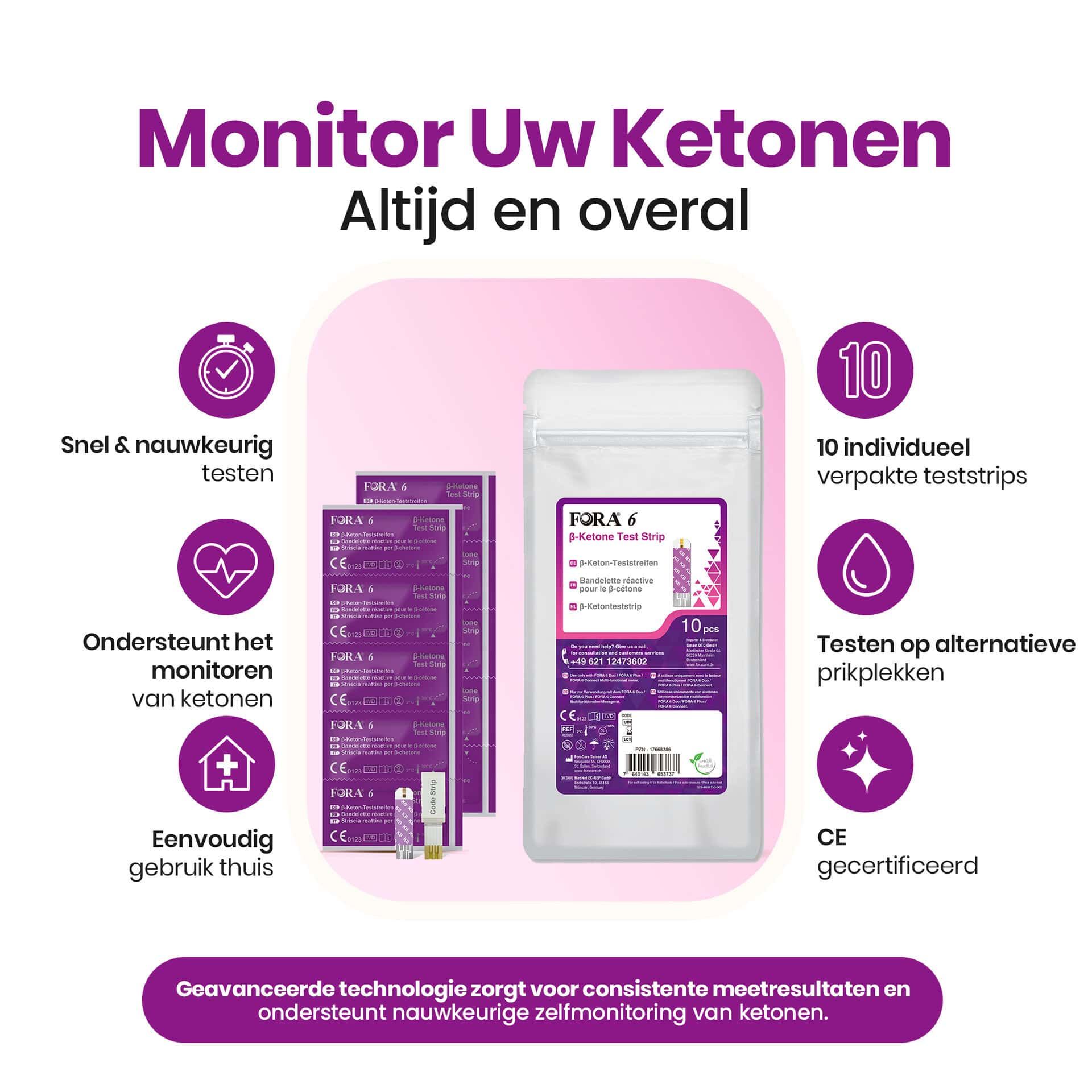 Informationen zu FORA 6 Keton-Messgerät: Schnelle Tests, Überwachung, einfache Heimanwendung, 10 Teststreifen, CE-zertifiziert.