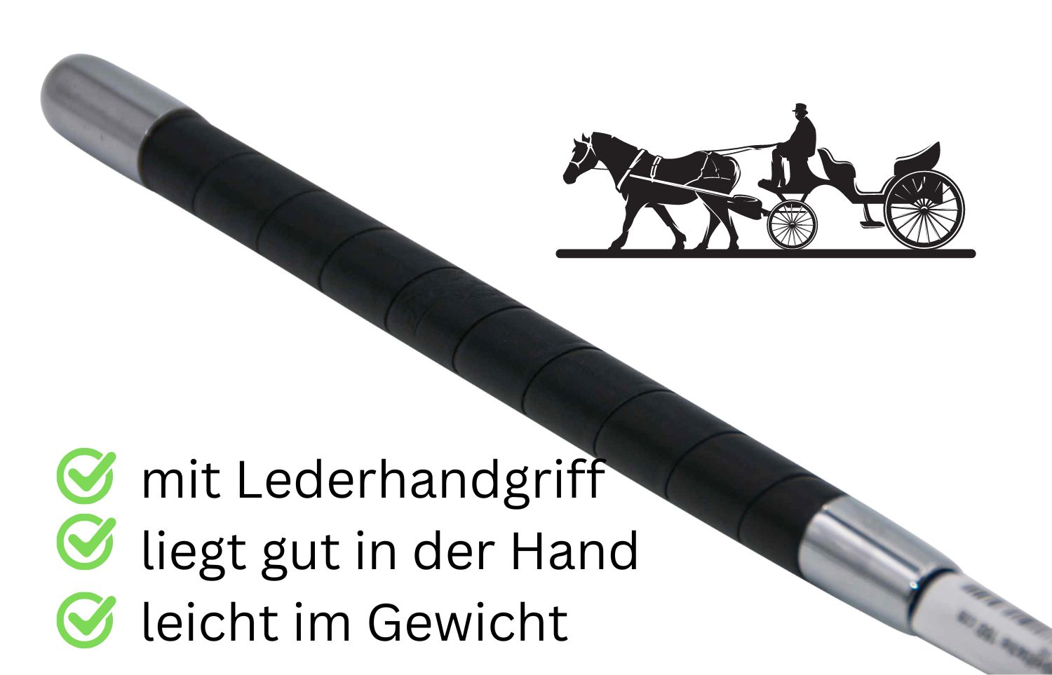 Fahrpeitsche mit Lederhandgriff. Schwarzer Griff, silberne Enden. Text: "mit Lederhandgriff", "liegt gut in der Hand", "leicht im Gewicht".