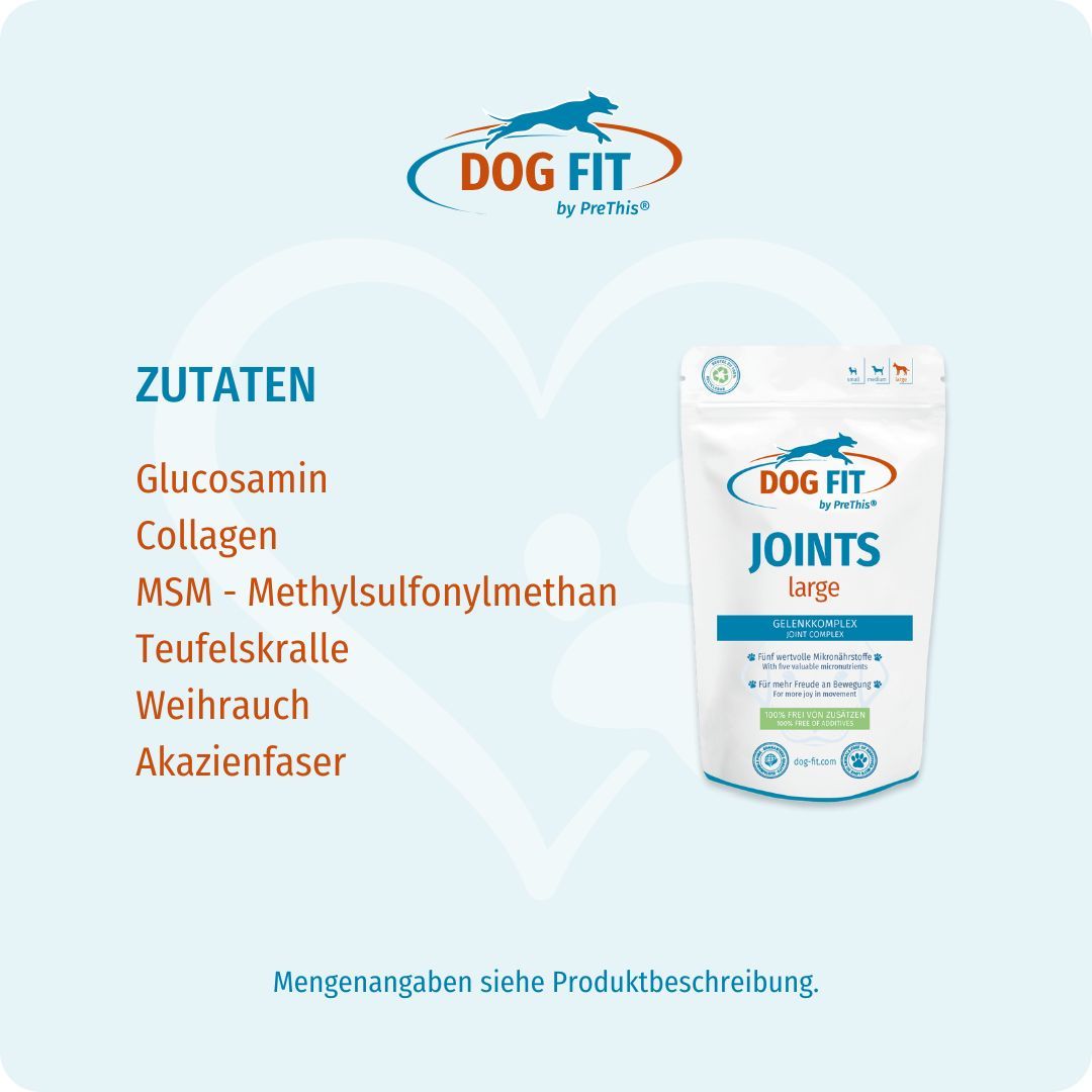 Beutel DOG FIT JOINTS large. Zutaten: Glucosamin, Collagen, MSM, Teufelskralle, Akazienfaser. Text: Mengenangaben siehe Produktbeschreibung.