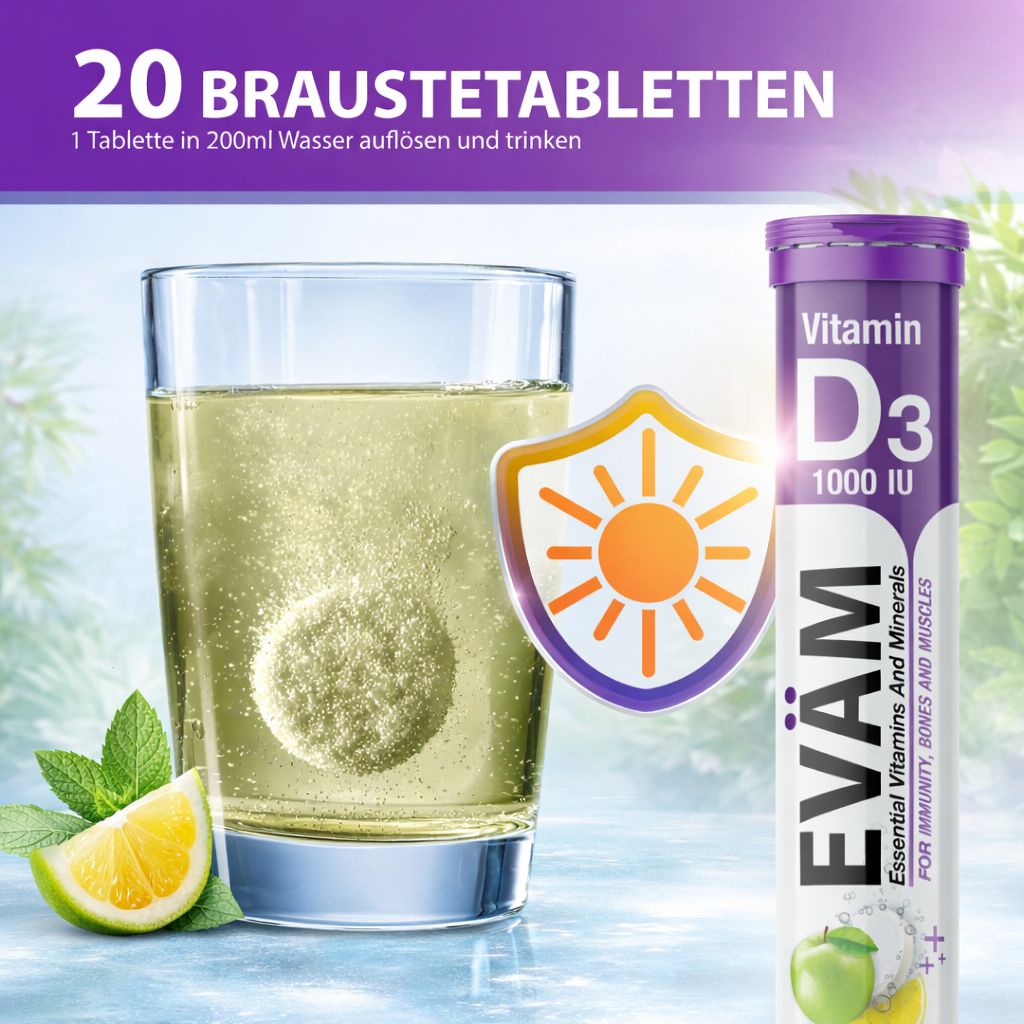 Brausetabletten-Packung neben Glas mit aufgelöster Tablette, Zitrone und Minze. Schild mit Sonne. Text: 20 Brausetabletten.