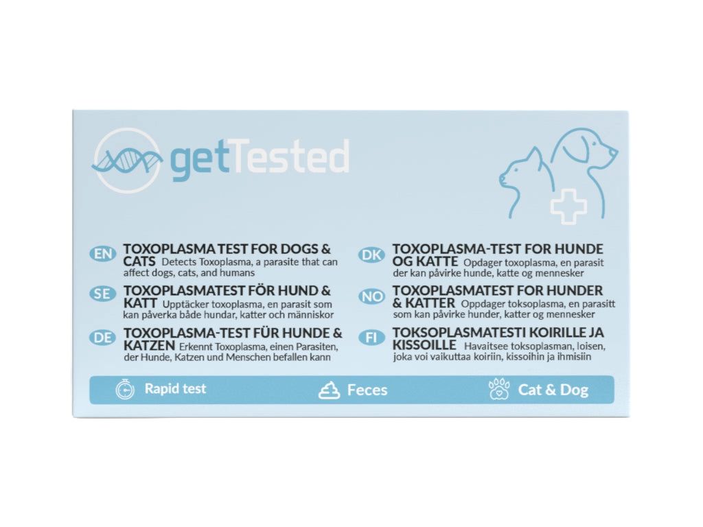 GetTested Toxoplasma-Test für Hunde & Katzen. Enthält Informationen in mehreren Sprachen, einschließlich Deutsch.