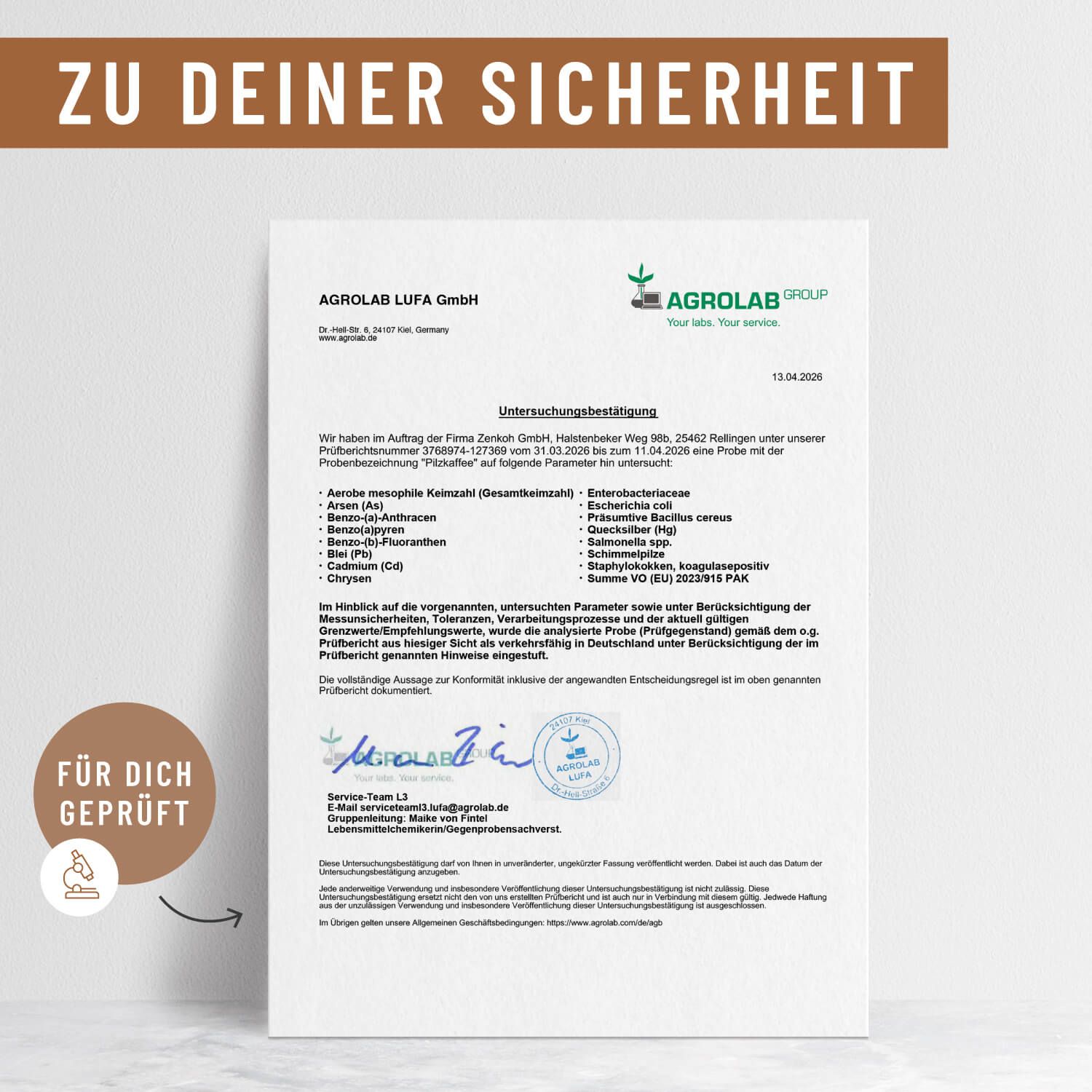 Zertifizierungsdokument der AGROLAB LUFA GmbH. Text: Zu deiner Sicherheit. Geprüft.