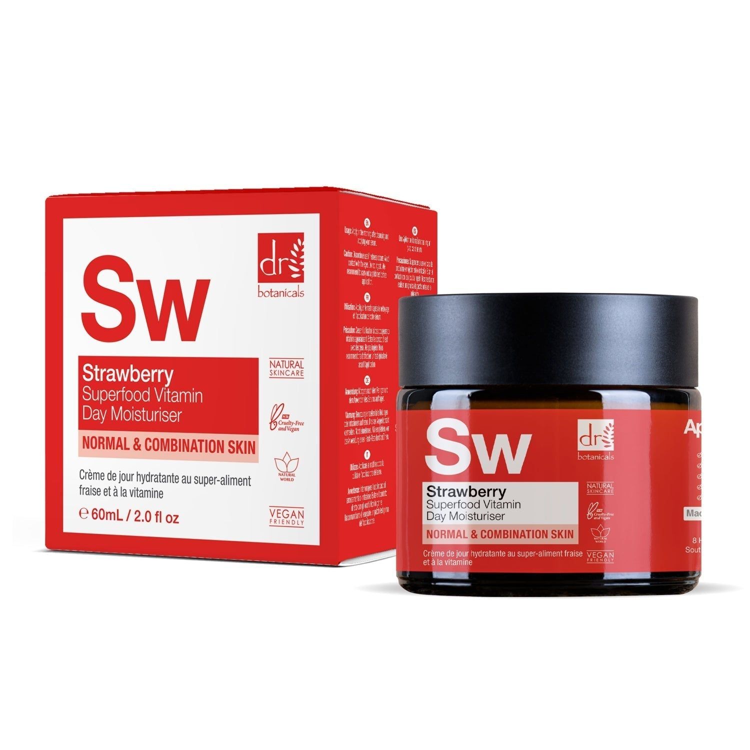 Rote Schachtel und Creme-Dose mit schwarzem Deckel. Aufschrift: Strawberry Superfood Vitamin C Day Moisturiser. Marke: Dr Botanicals.