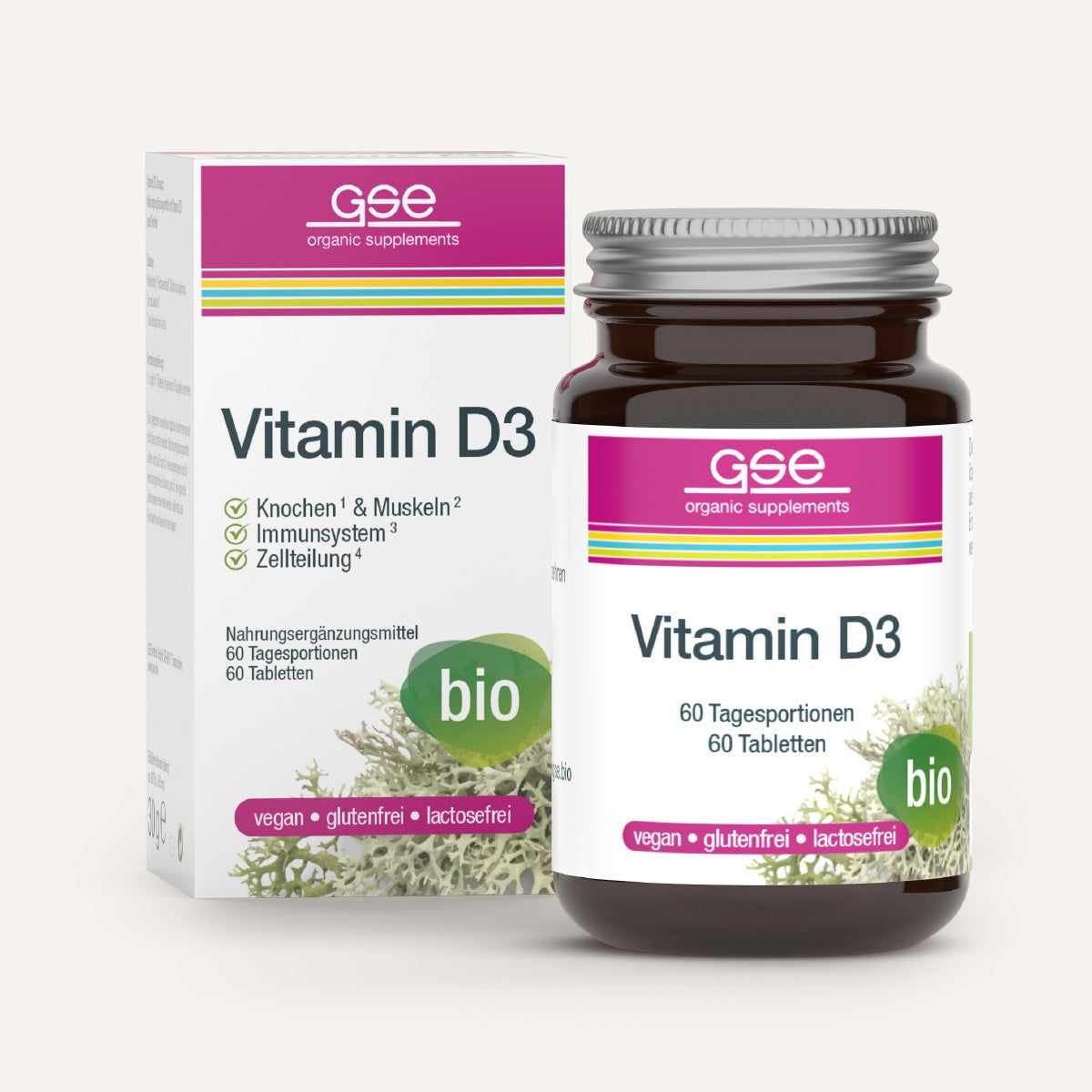 Braune Glasflasche und Karton mit GSE Vitamin D3. Aufschrift: Vitamin D3, 60 Tabletten, bio, vegan, glutenfrei, laktosefrei.