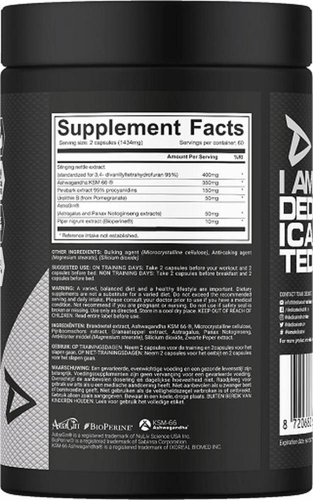Rückseite der schwarzen Dose. Enthält Informationen zu Inhaltsstoffen und Nährwertangaben. Text in Englisch und Niederländisch.