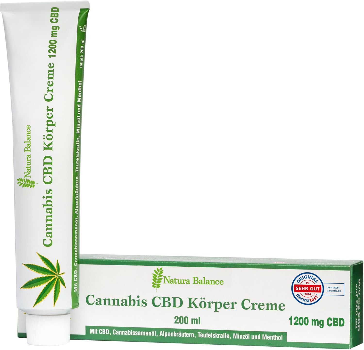 Natura Balance Cannabis CBD Körper Creme Tube und Faltschachtel, 200 ml, 1200 mg CBD, mit Hanfblatt-Symbol.