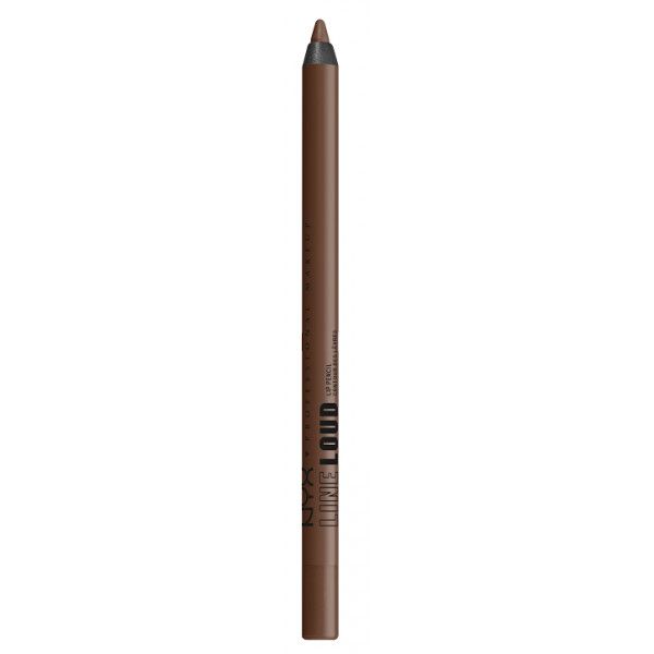 Brauner Lipliner-Stift. Aufschrift: NYX LINE LOUD. Spitze und Stift in Braun.