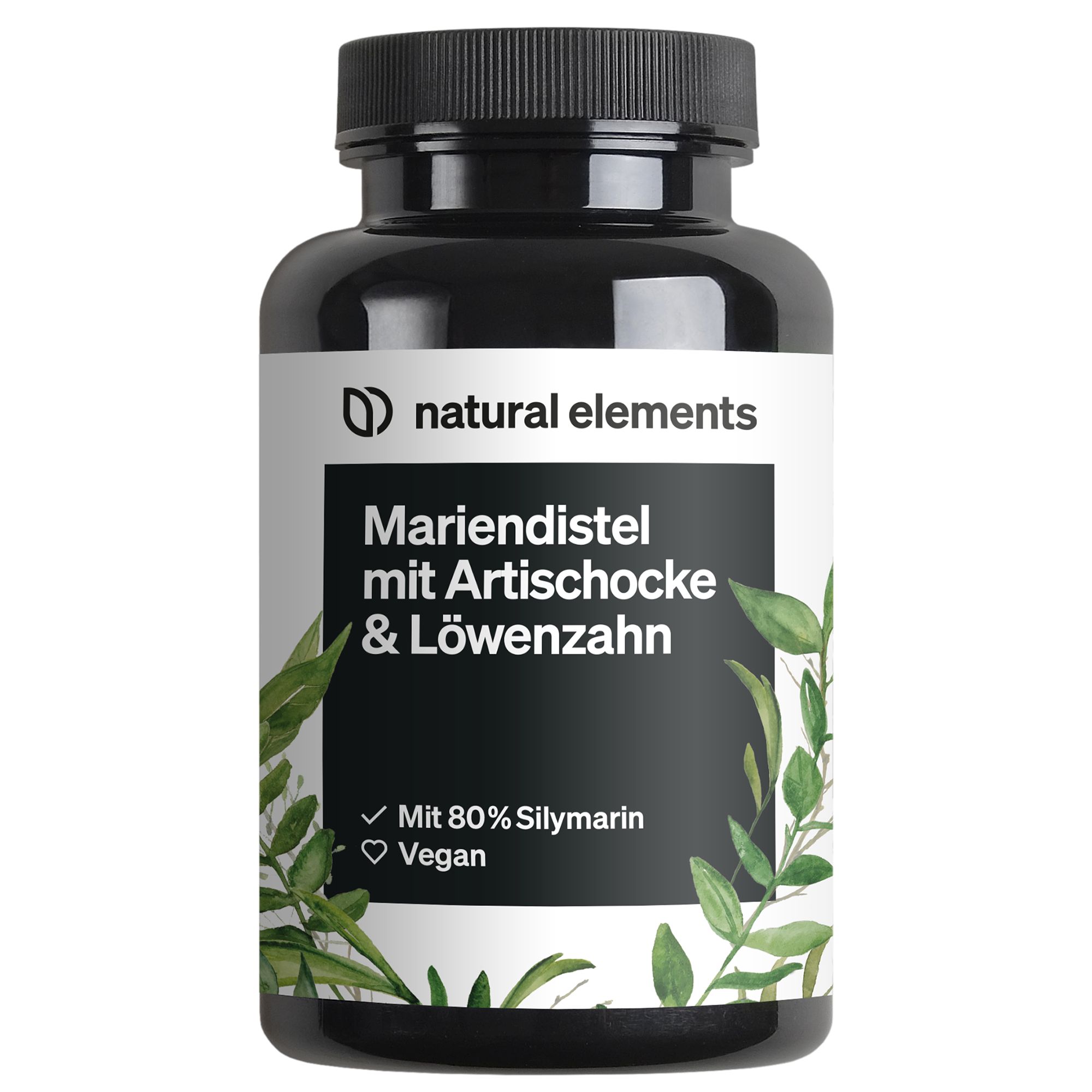 Schwarze Flasche mit weißem Etikett. Text: Mariendistel mit Artischocke & Löwenzahn. Mit 80% Silymarin. Vegan.
