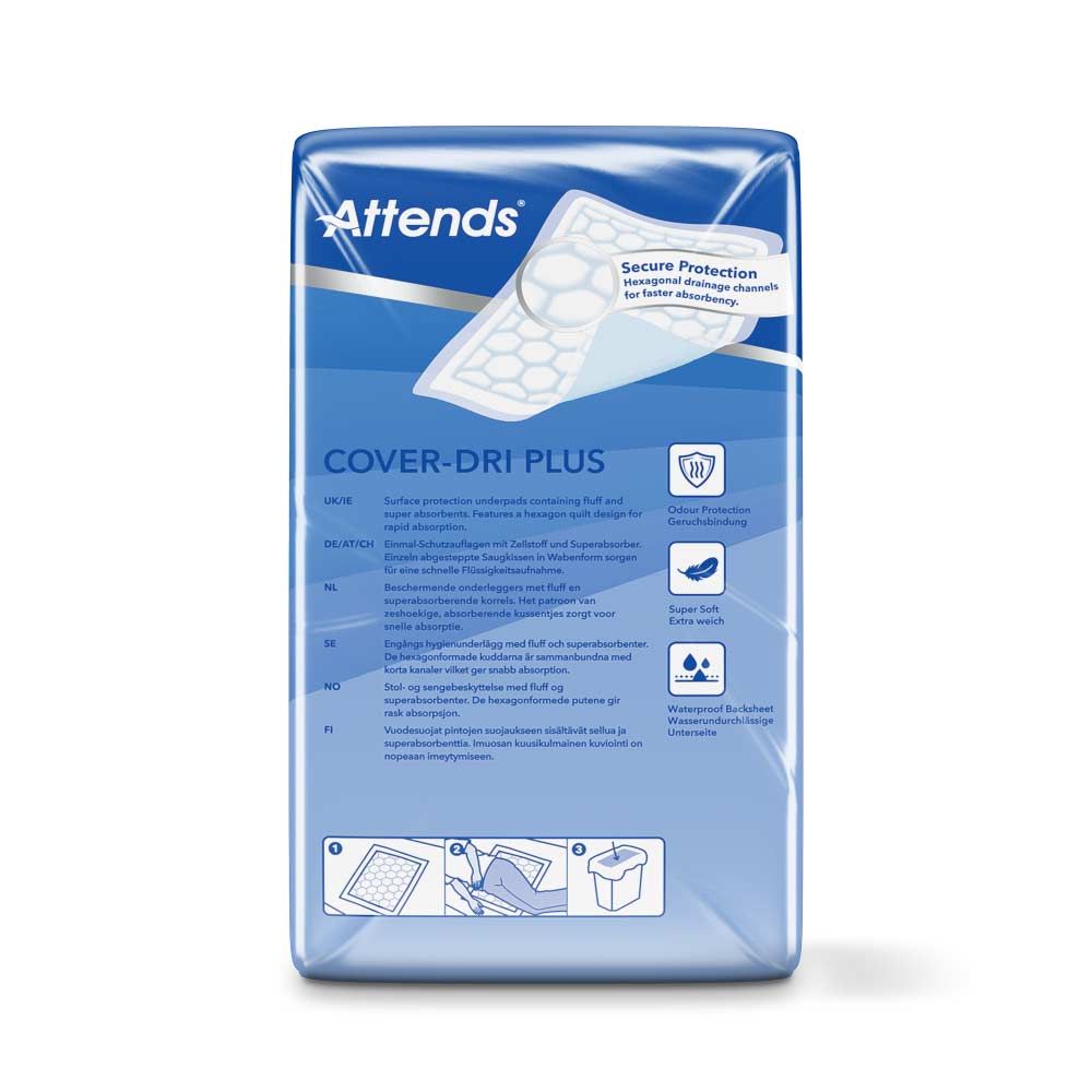 Rückseite der Attends Cover-Dri Plus Verpackung. Blaue Verpackung mit Produktabbildung und Text. Informationen zum Produkt.