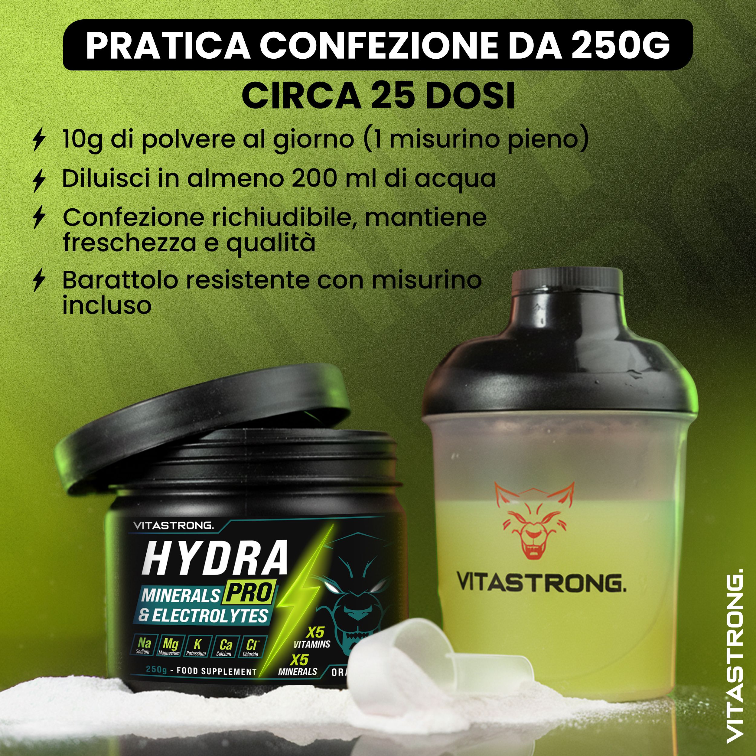 Produkt, Shaker und Messlöffel. Text: "HYDRA PRO". Vitastrong.