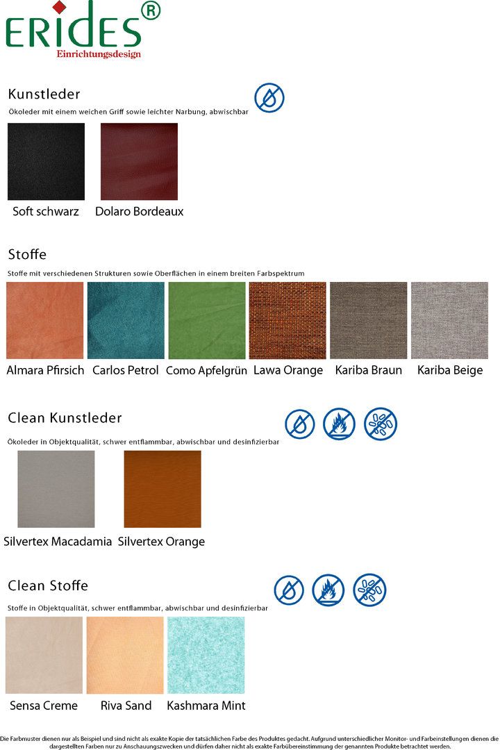 Farbmuster für Kunstleder und Stoffe. Verschiedene Farben und Texturen werden gezeigt.