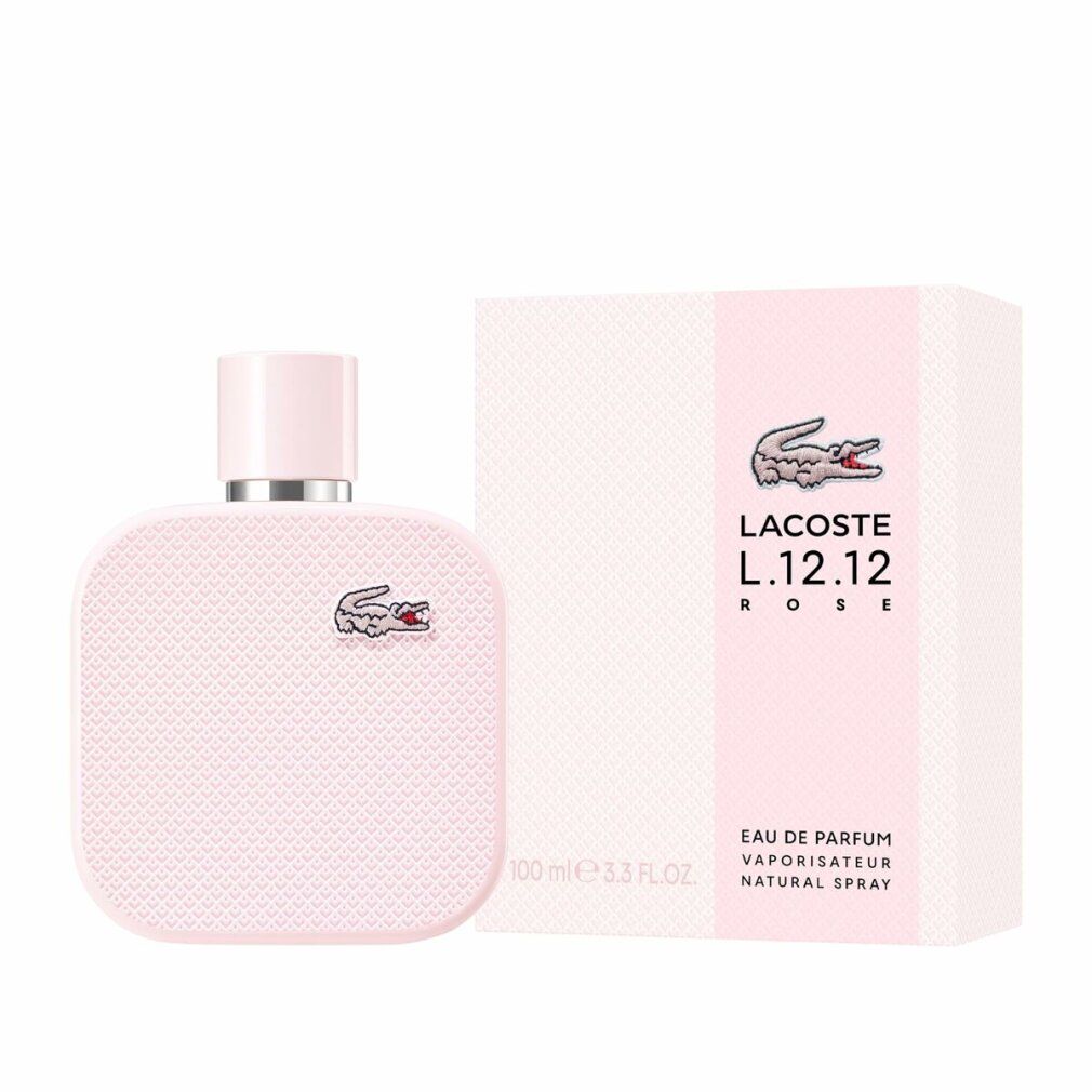 Rosa Flakon und Verpackung. Krokodil-Logo. Text: Lacoste L.12.12 Rose EdP Nat. Spray.