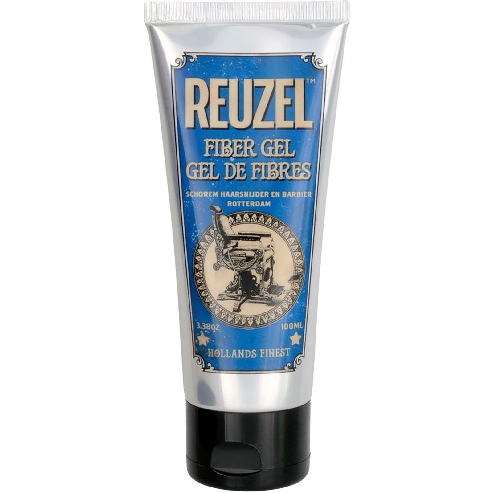 Reuzel Fiber Gel Haargel in silberner Tube mit schwarzem Deckel. Blaue Vorderseite mit Friseurstuhl-Illustration und Text.