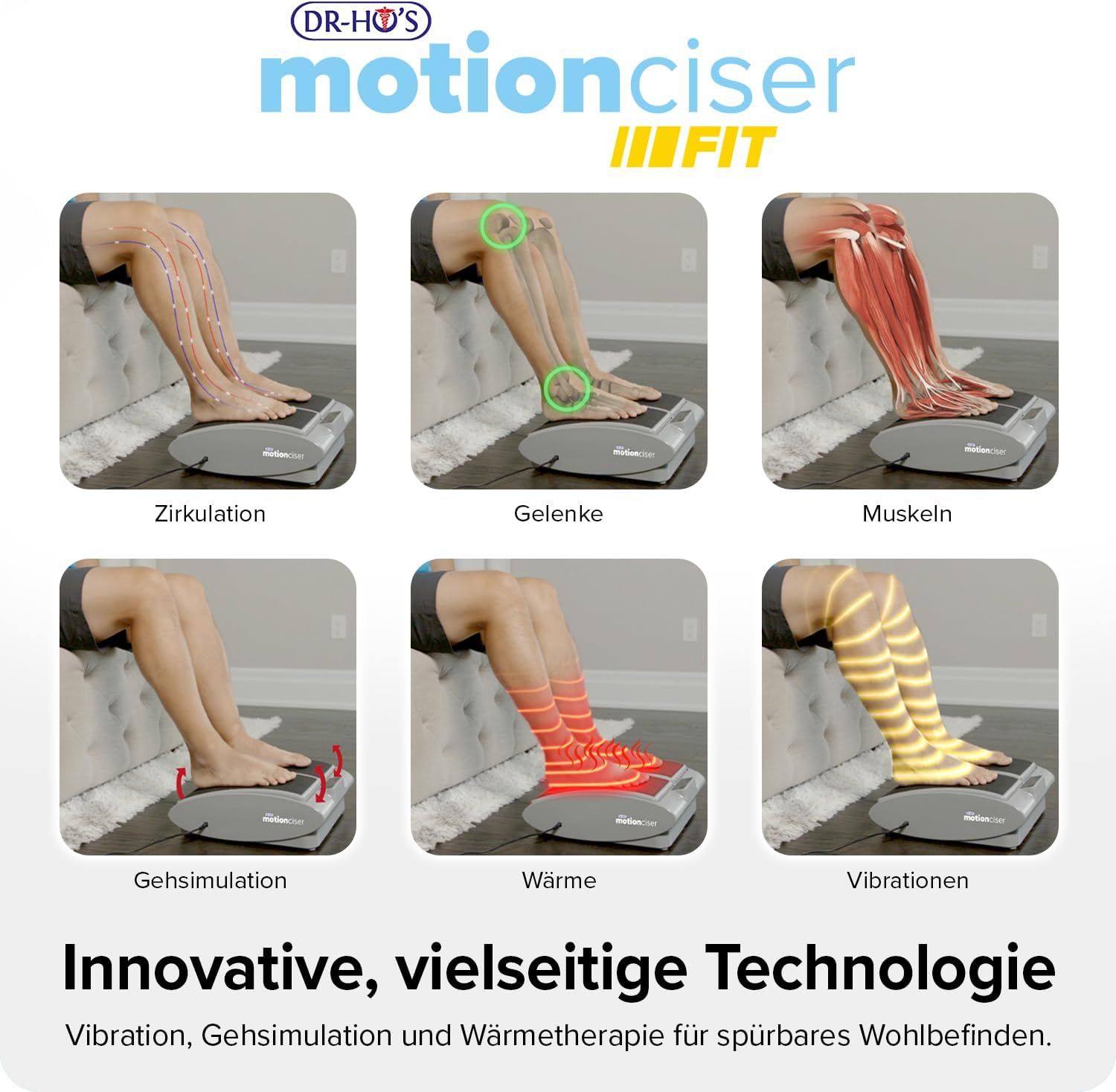 Graues Fußmassagegerät mit Füßen. Illustrationen zeigen Zirkulation, Gelenke, Muskeln, Gehen, Wärme, Vibrationen.