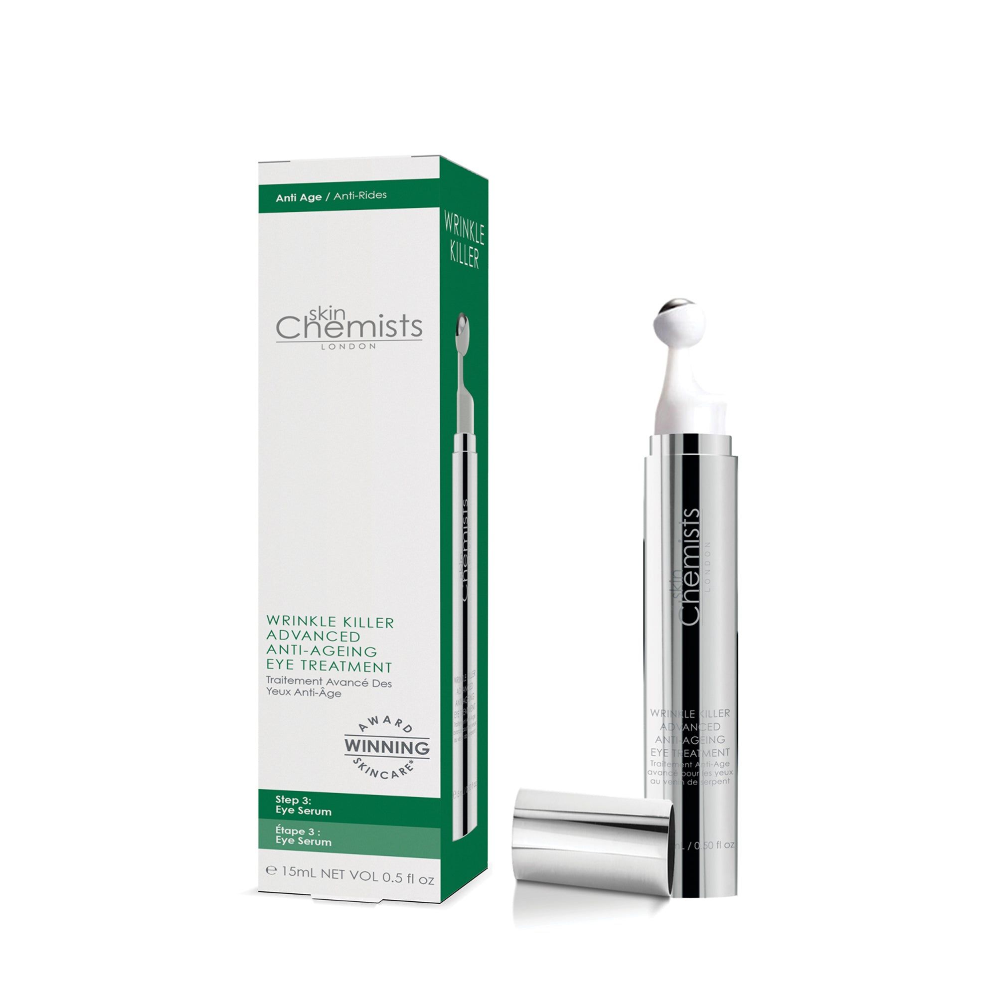 Verpackung mit Augenserum und Roll-on-Applikator. Aufschrift: Skin Chemists, Wrinkle Killer, Anti-Aging Eye Treatment.
