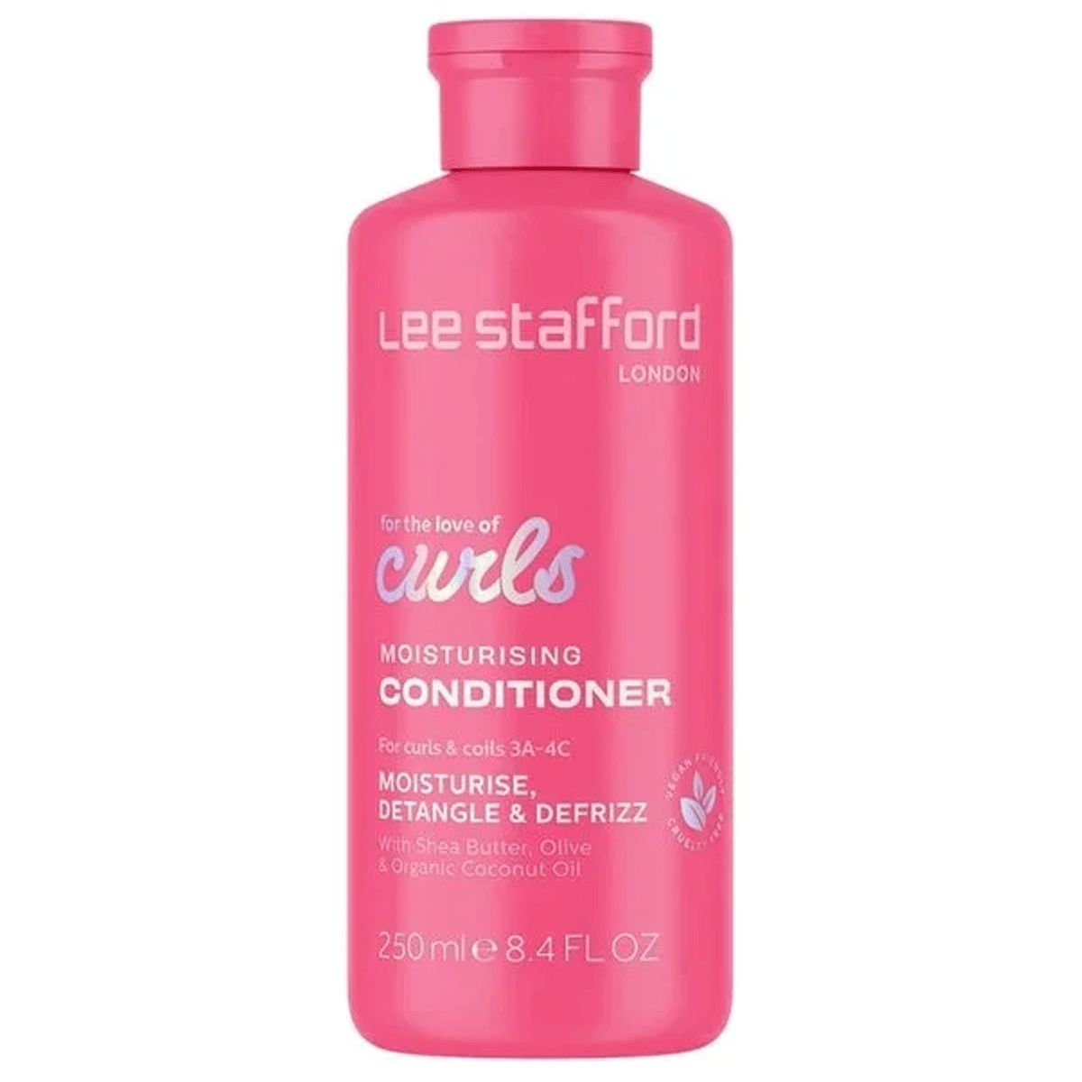 Eine pinke Flasche Lee Stafford Feuchtigkeitsconditioner für Locken, 250ml.