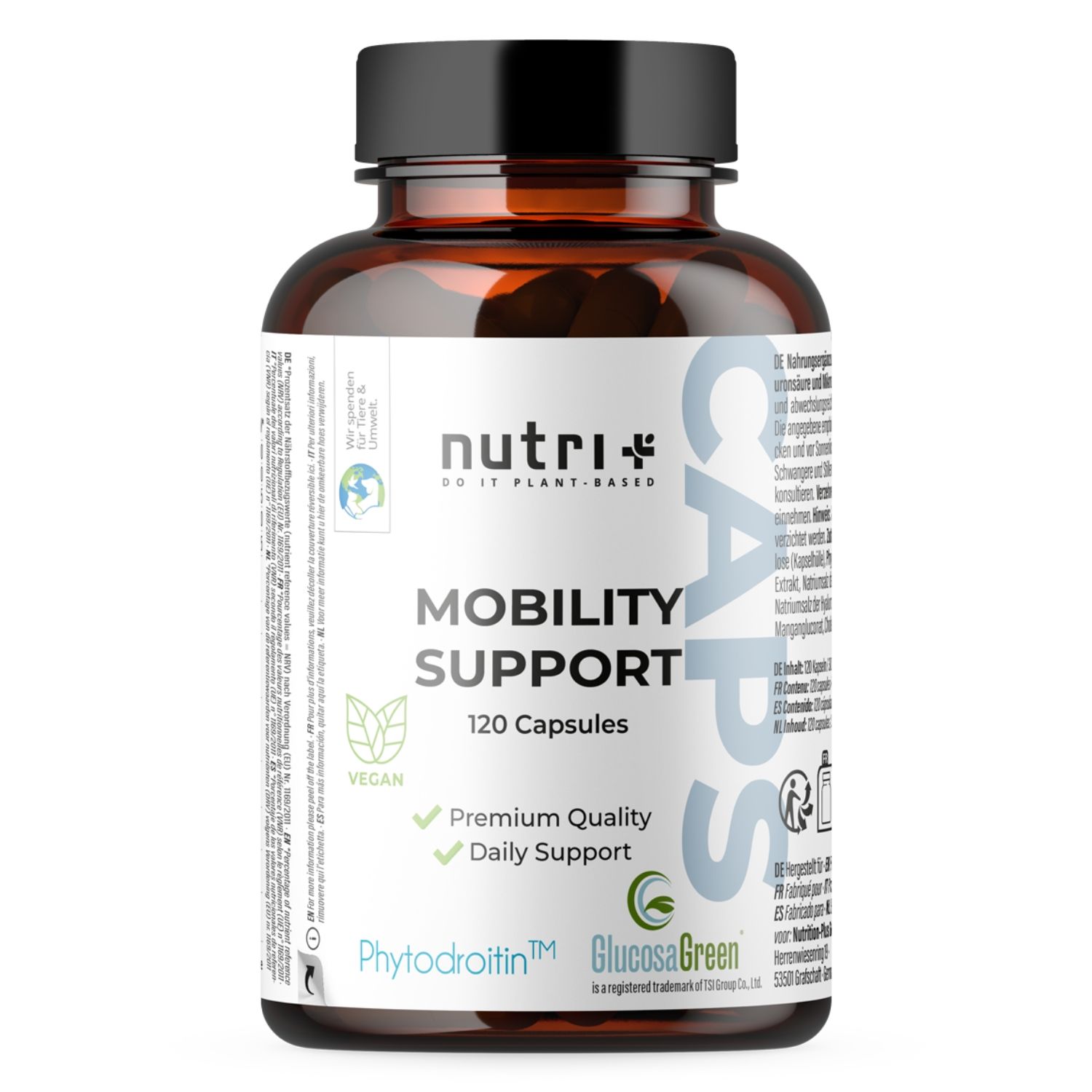 Braune Flasche nutri+ Mobility Support Kapseln. Aufschrift: 120 Kapseln, Premium Quality, Daily Support. Vegan-Siegel.