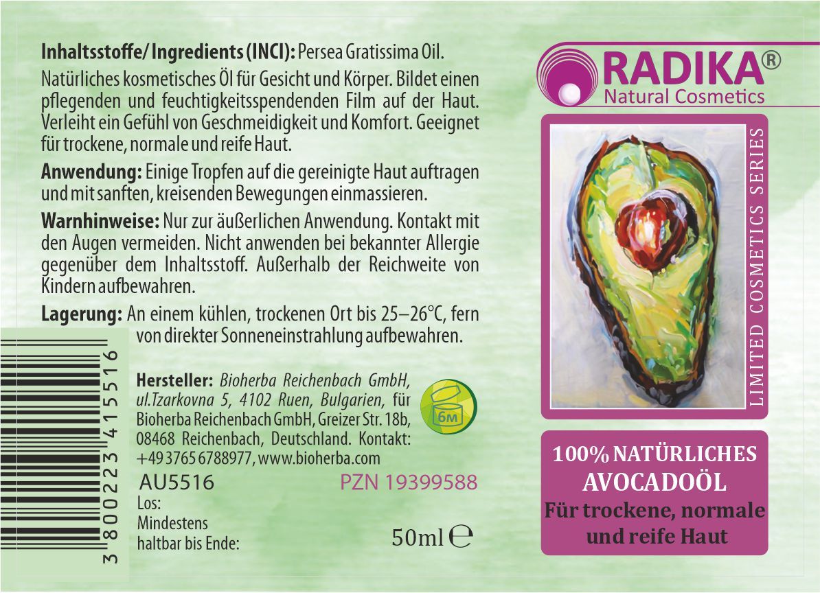 Etikett mit Avocado-Illustration und Text: 100% NATÜRLICHES AVOCADOÖL. Enthält Text über Inhaltsstoffe und Anwendung.