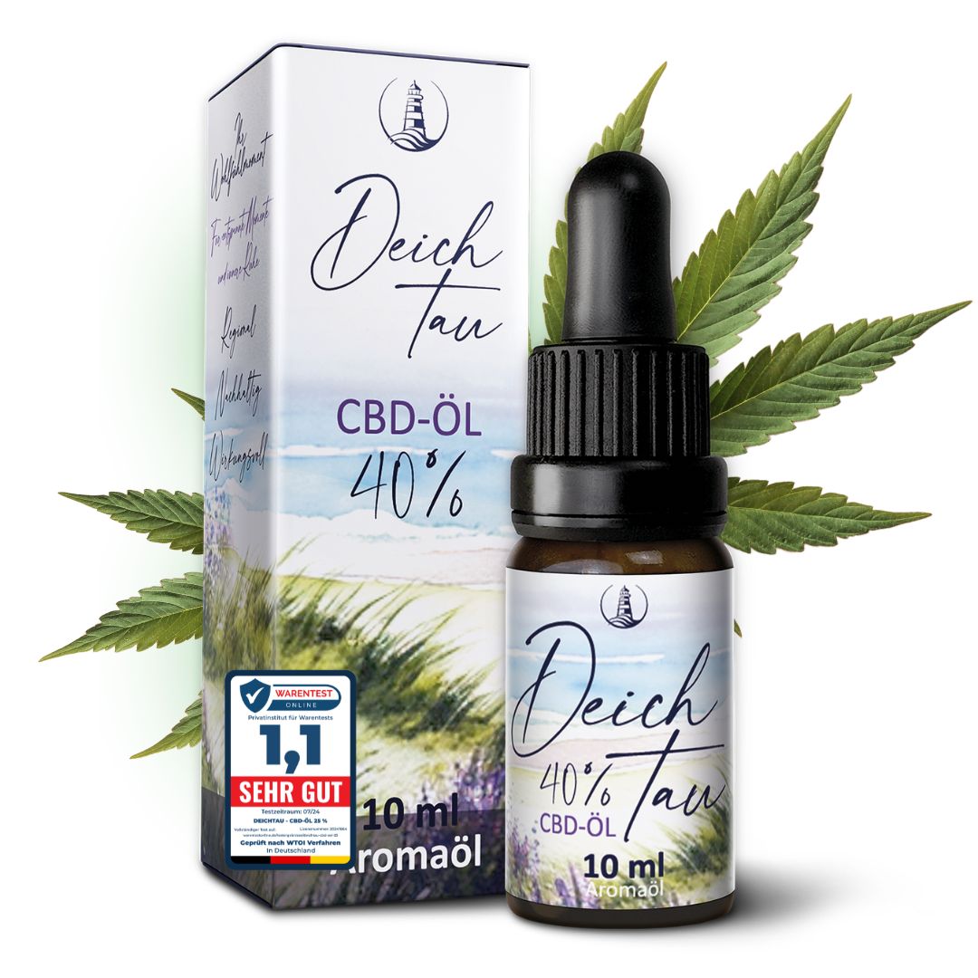DeichTau CBD-Öl 40% Flasche und Karton mit Hanfblättern und Qualitätssiegel.