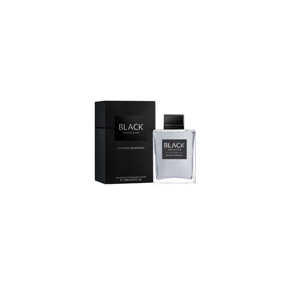 Schwarzer Karton und Flakon. Flakon mit schwarzem Verschluss. Aufschrift "BLACK SEDUCTION" und "ANTONIO BANDERAS".
