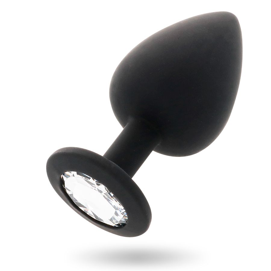 Schwarzer Butt-Plug aus Silikon mit einem facettierten Kristall-Einsatz am Flansch.