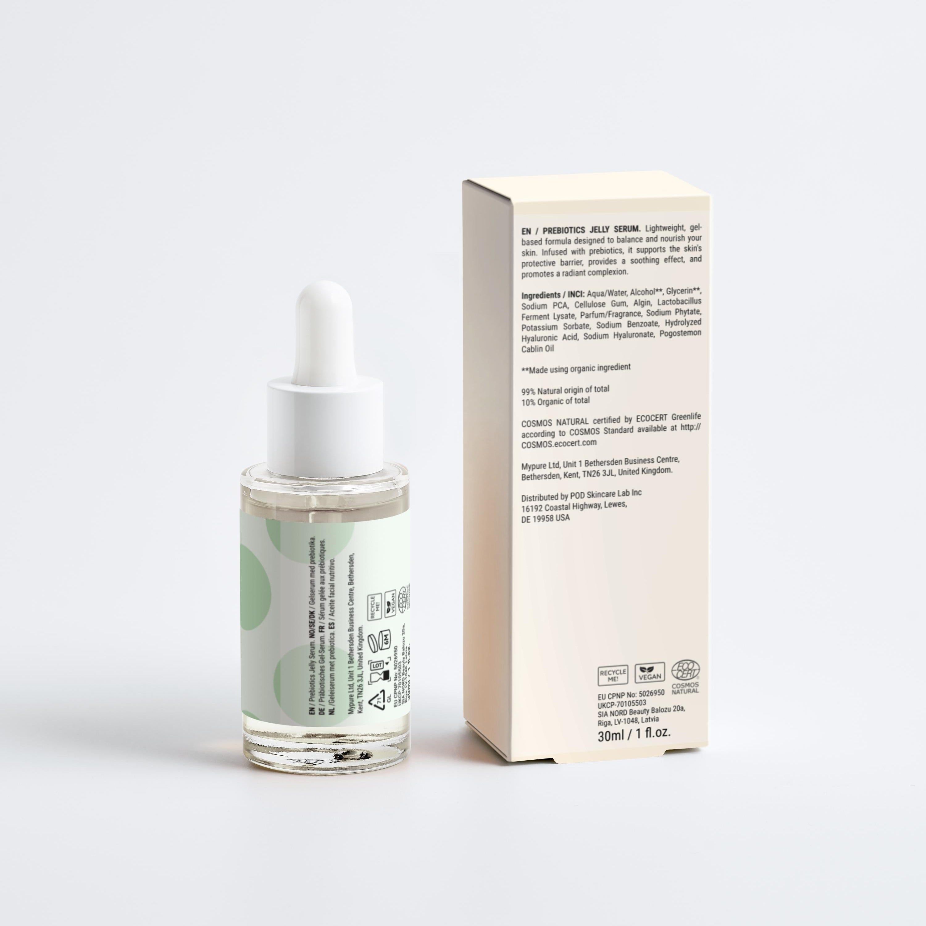 Zero Skin Serumflasche und Verpackung, Rückseite mit Details.