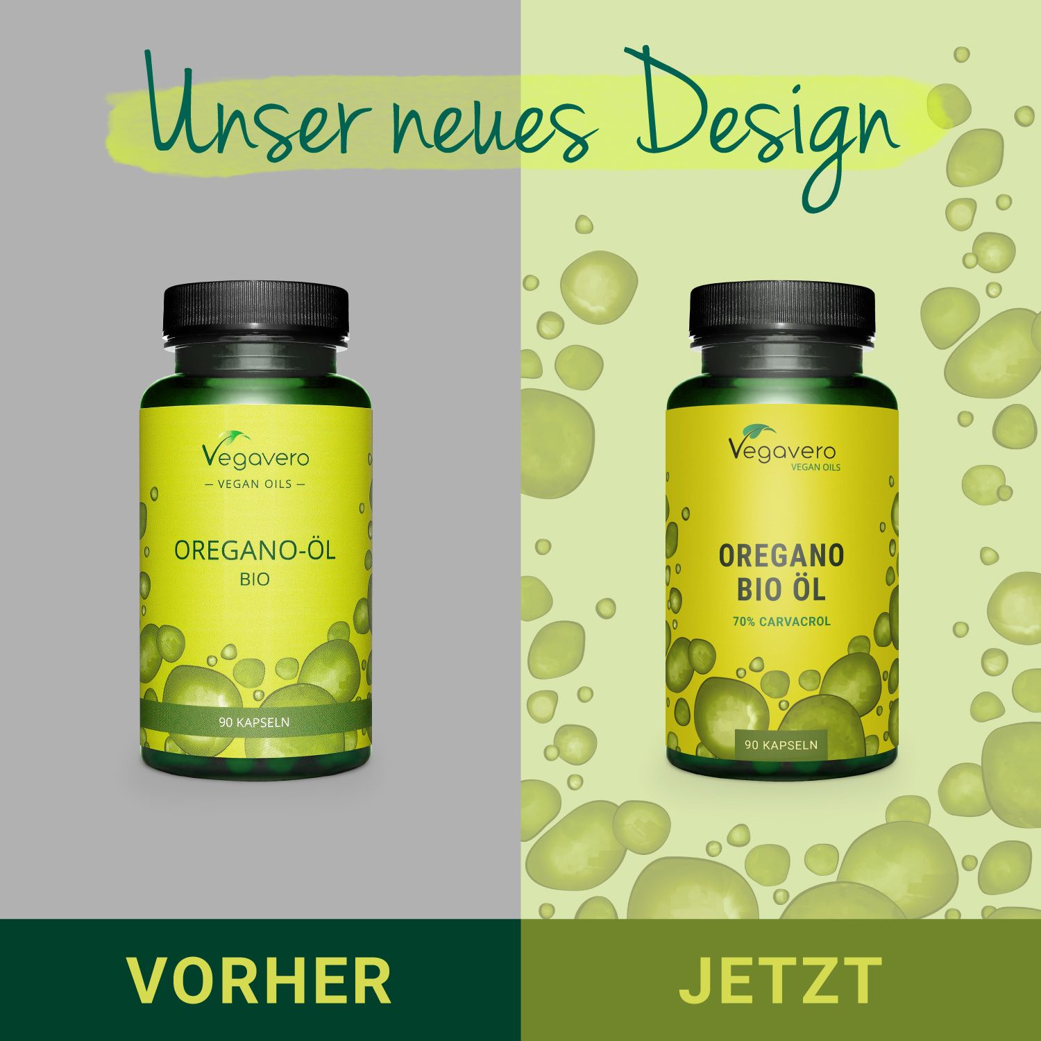Vergleich von zwei Flaschen. Links: altes Design. Rechts: neues Design. Aufschrift: Oregano BIO Öl, 90 Kapseln.
