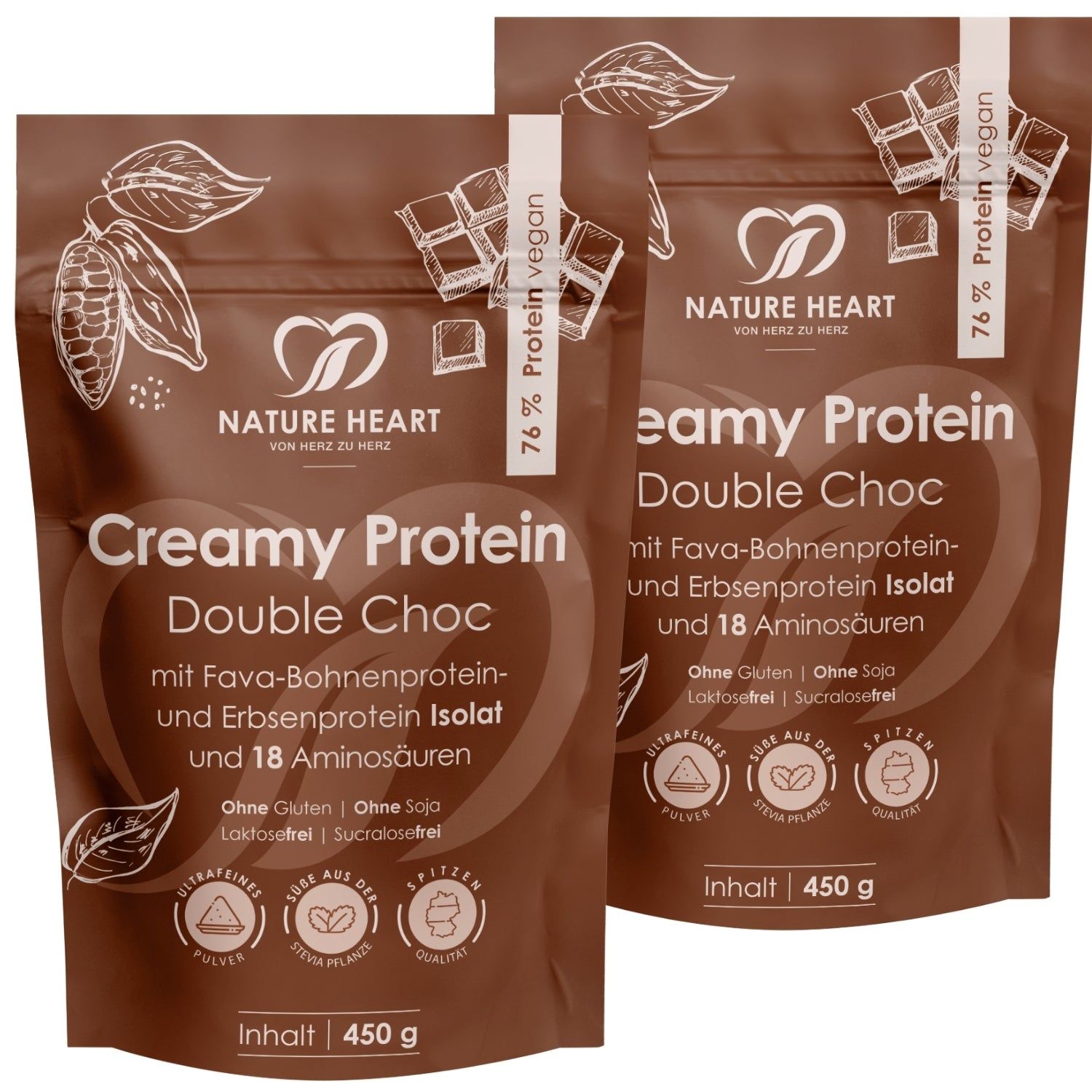 Zwei braune Beutel Nature Heart Creamy Protein Double Choc, je 450g. Mit Kakaobohnen- und Schokoladenabbildungen.