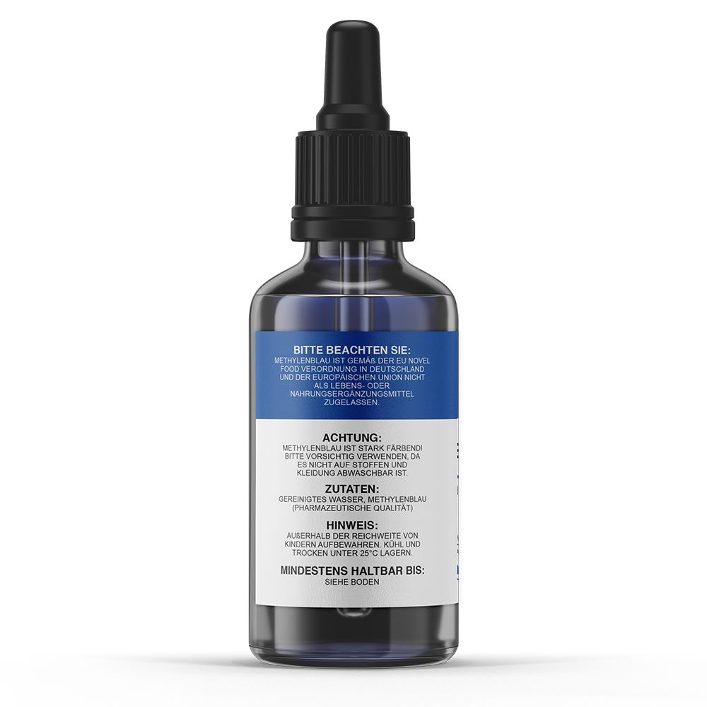 Rückseite der Braunglasflasche mit Text auf blauem Etikett. Enthält Informationen zu Inhaltsstoffen und Warnhinweisen.