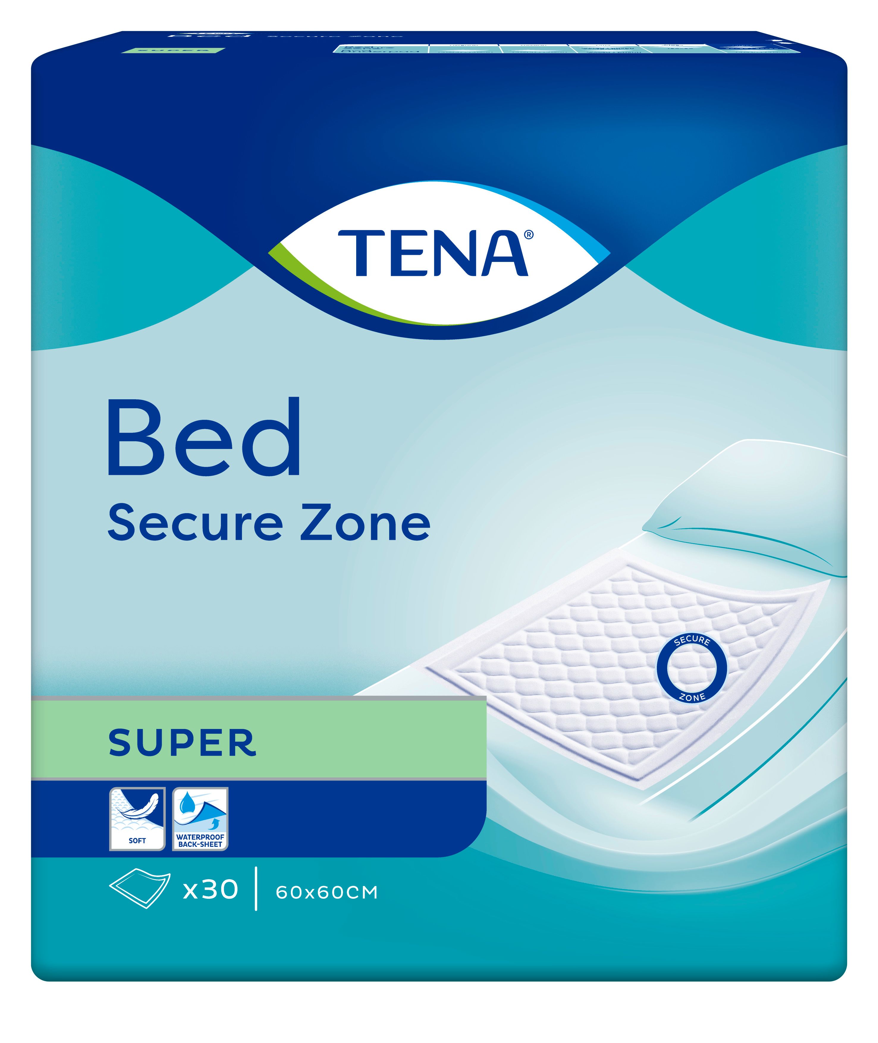 Verpackung mit TENA Bed Secure Zone Super. Blaue Verpackung mit Produktabbildung. Enthält 30 Stück, 60x60cm.
