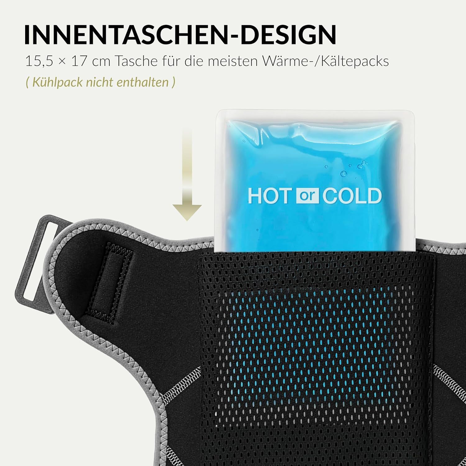 Schwarzer Bauchgurt mit Klettverschluss und einer Tasche für ein Kühlpack.