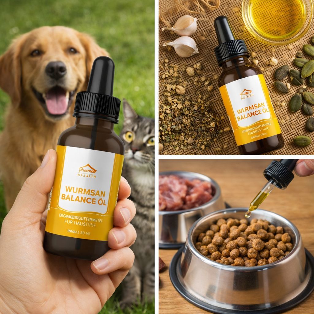 Mehrteiliges Bild. Flasche mit Tropfer, gelbes Etikett. Hund, Katze, Zutaten und Futter. Produktname: Wurmsan Balance Öl. Futterzusatzmittel.