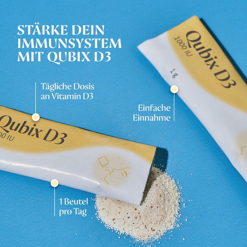 Zwei Qubix D3-Beutel und Pulver auf blauem Grund. Text: Stärke dein Immunsystem mit Qubix D3, Tägliche Dosis an Vitamin D3, Einfache Einnahme, 1 Beutel pro Tag.