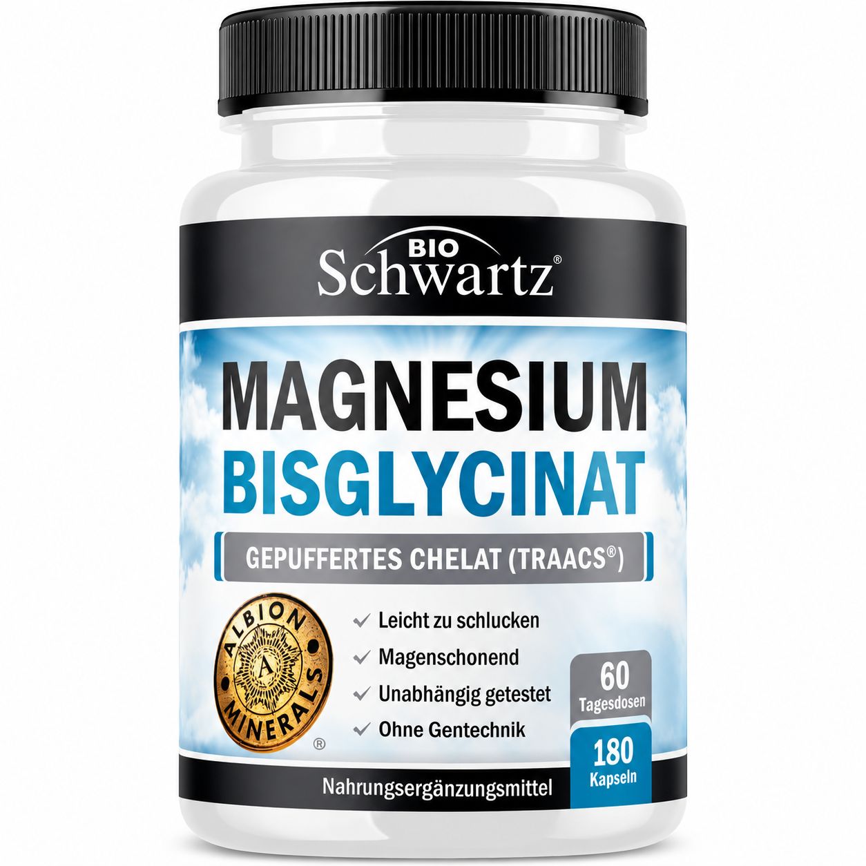 Bio Schwartz Magnesium Bisglycinat Kapseln, 180 Stück.