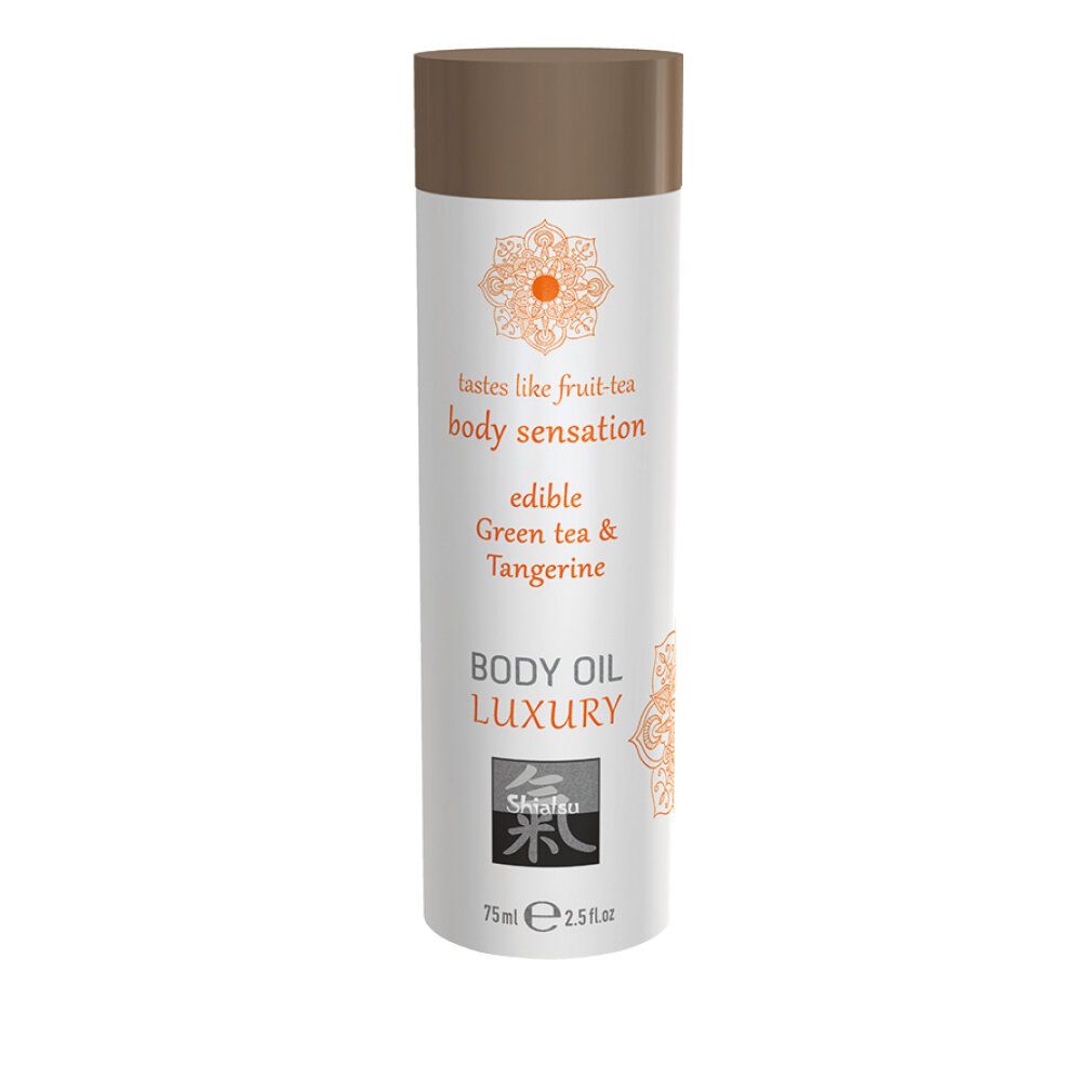 Zylindrische Flasche mit braunem Deckel. Aufschrift: edible Green tea & Tangerine, Body Oil Luxury. Logo.