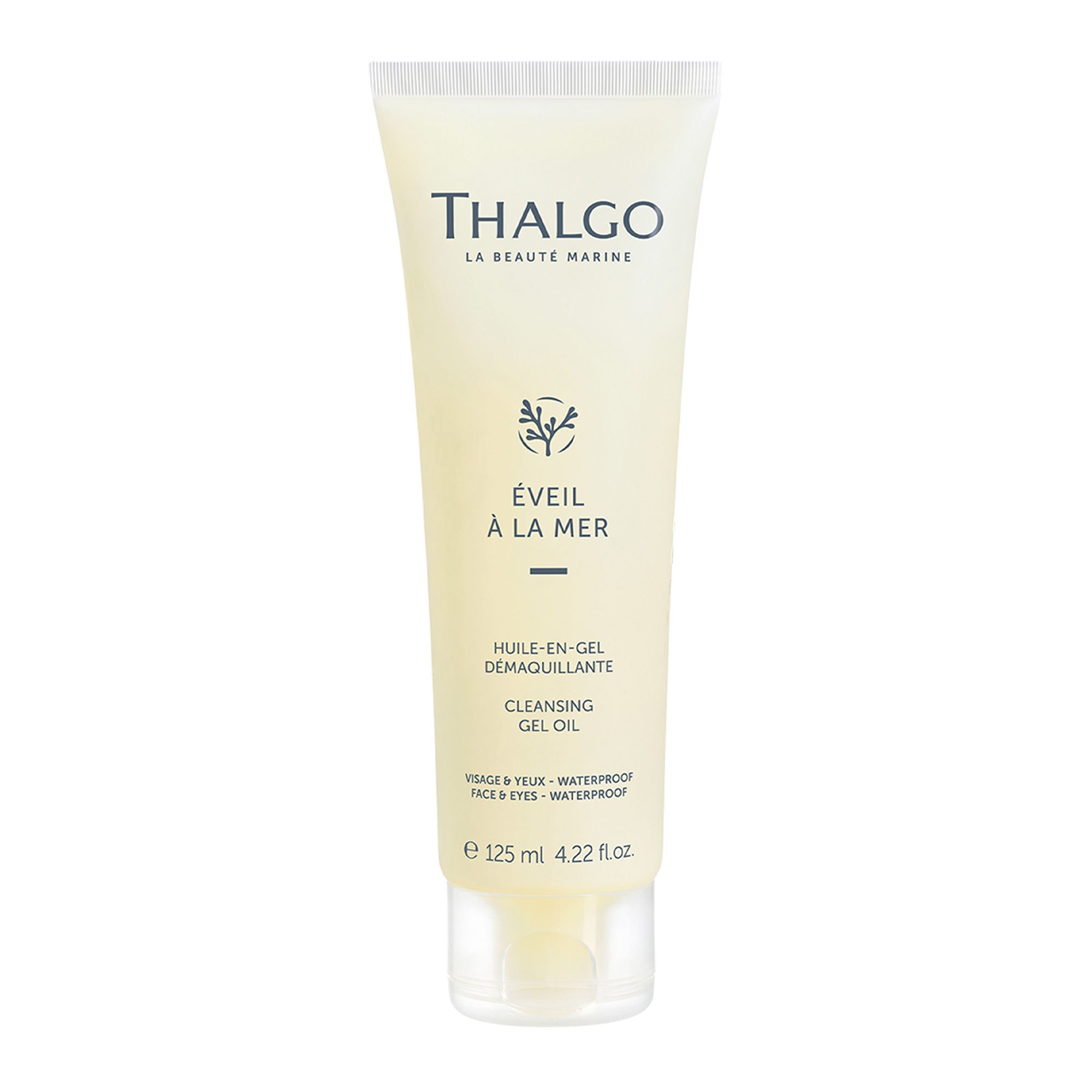 Creme-farbene Tube mit THALGO-Logo und Schriftzug 'Éveil à la Mer'. Enthält Reinigungsöl-Gel. 125 ml.