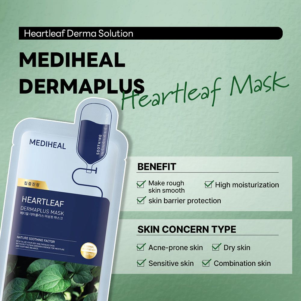 Verpackung einer Gesichtsmaske mit dem Logo von MEDIHEAL und dem Namen HEARTLEAF DERMAPLUS MASK. Text mit Vorteilen.