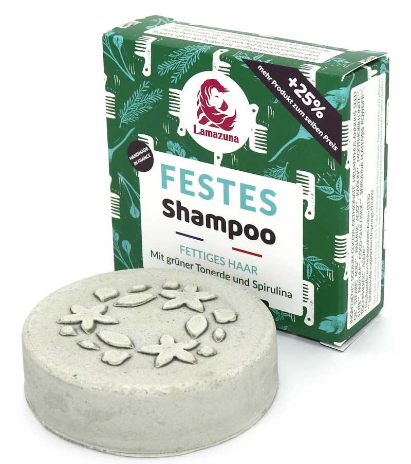 Rundes, graues Shampoo mit Blumenmuster. Daneben eine grüne Verpackung mit Logo und Schriftzug "FESTES Shampoo".