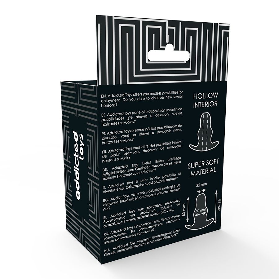 Rückseite der Verpackung. Text in mehreren Sprachen. Produktmerkmale und Abmessungen.