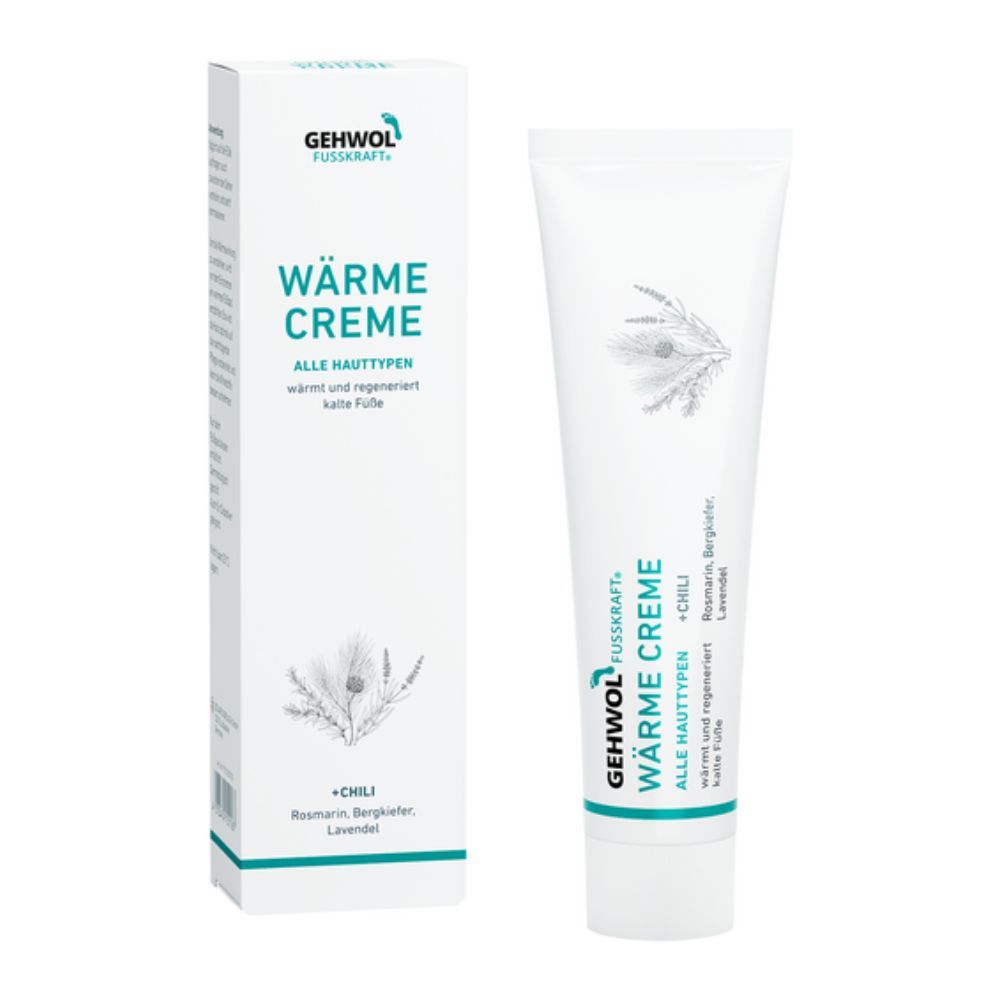 Creme-Tube und Schachtel. Aufschrift: GEHWOL FUSSKRAFT Wärme Creme. Enthält Chili, Rosmarin, Bergkiefer, Lavendel. Für alle Hauttypen.