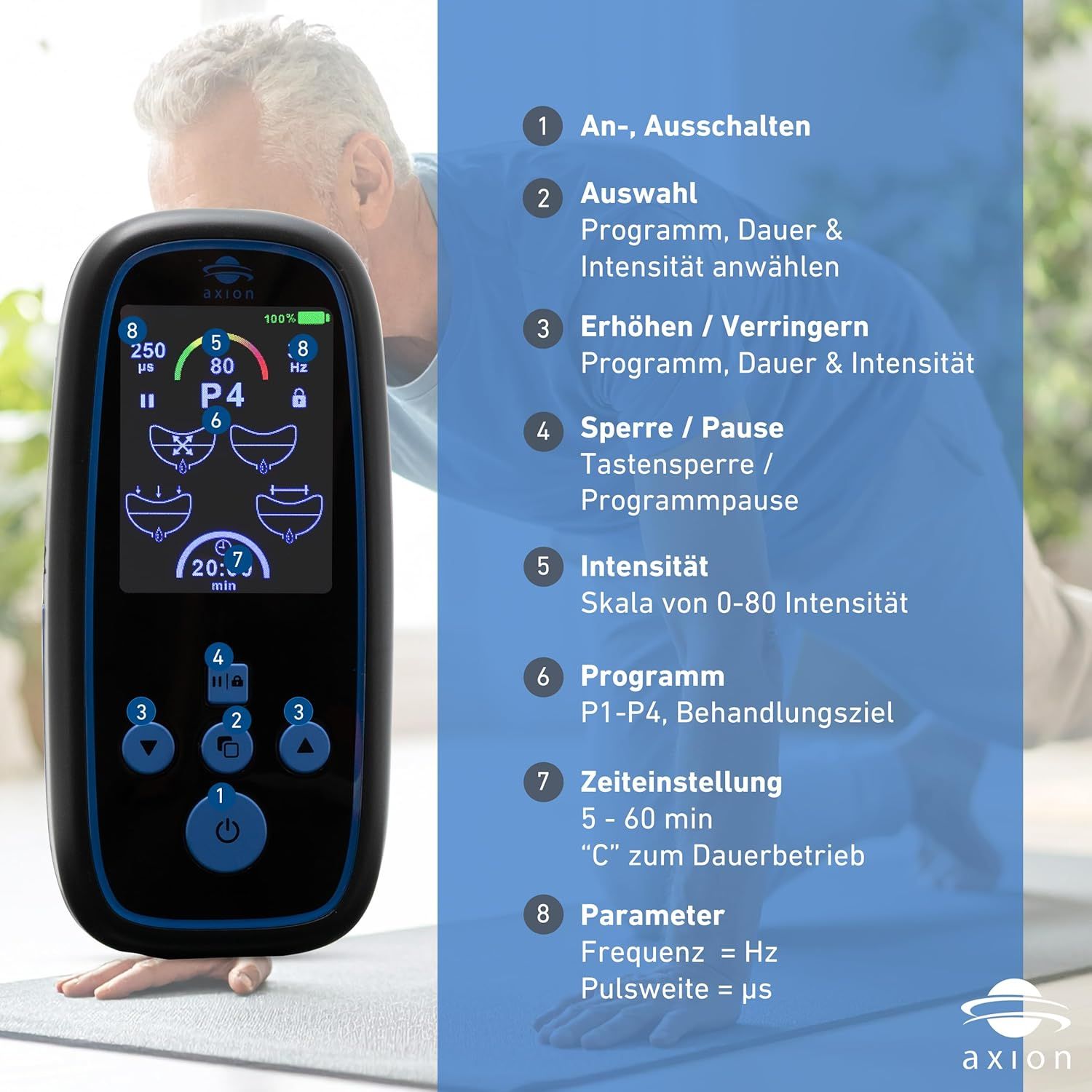 Schwarzes Gerät mit blauem Rahmen und Display. axion® Logo. Knöpfe und Display-Informationen. Text: An-/Ausschalten, Auswahl, Erhöhen/Verringern, etc.