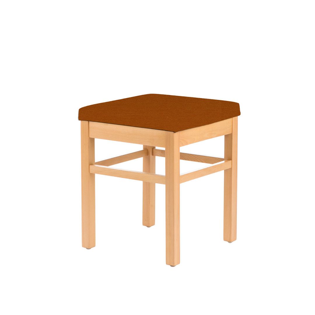 Hocker mit Holzrahmen und braunem Sitz. Quadratische Form.