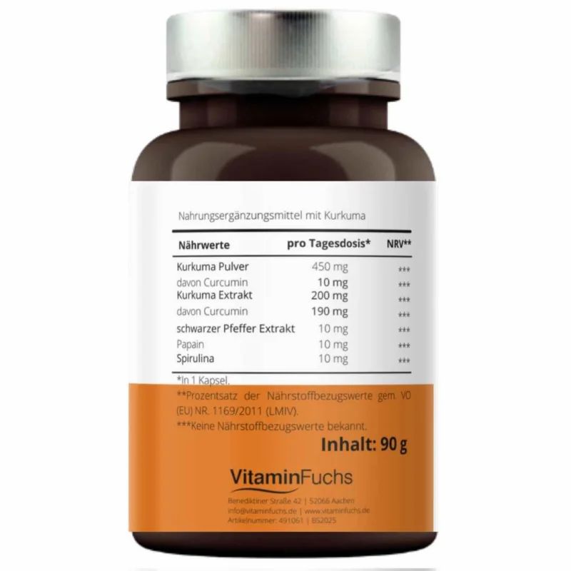 Etikett mit Nährwertangaben pro Tagesdosis. Enthält Kurkuma Pulver, Extrakt, und weitere Inhaltsstoffe. Logo VitaminFuchs, Inhalt: 90 g.
